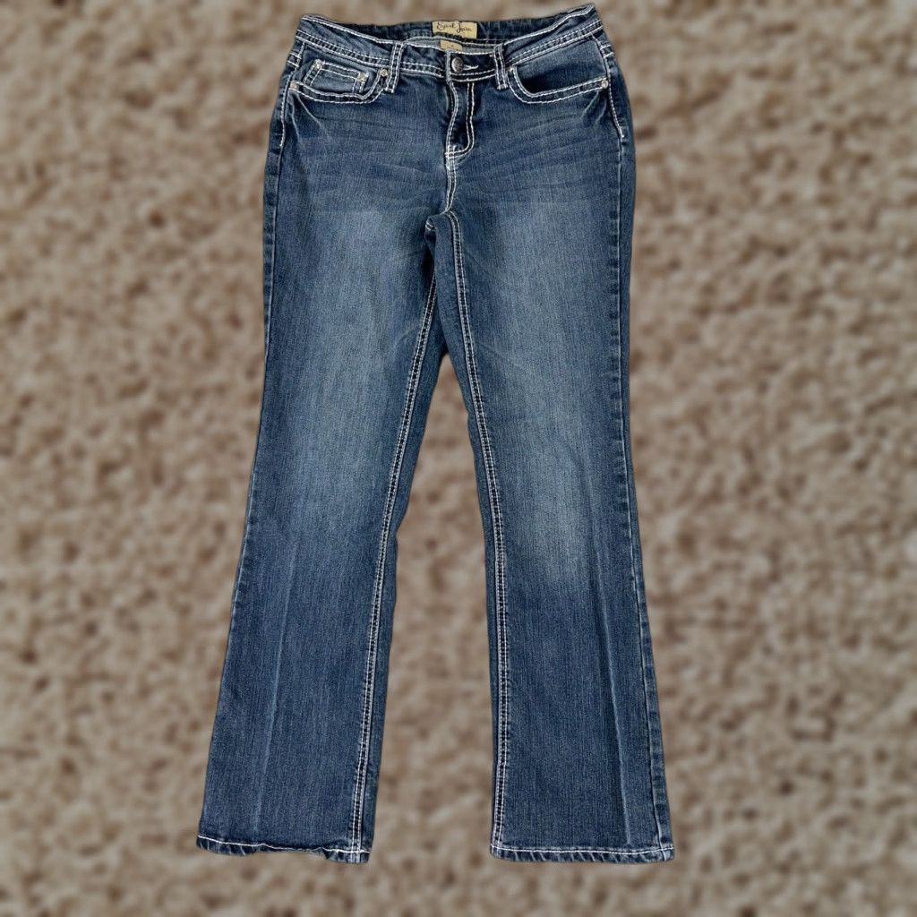 Vintage Earl Jean Pants Women 6 Blue Denim Bootcut Low Rise Bling Embroidered Stretch Size 28" / US 6 / IT 42 - 1 Thumbnail
