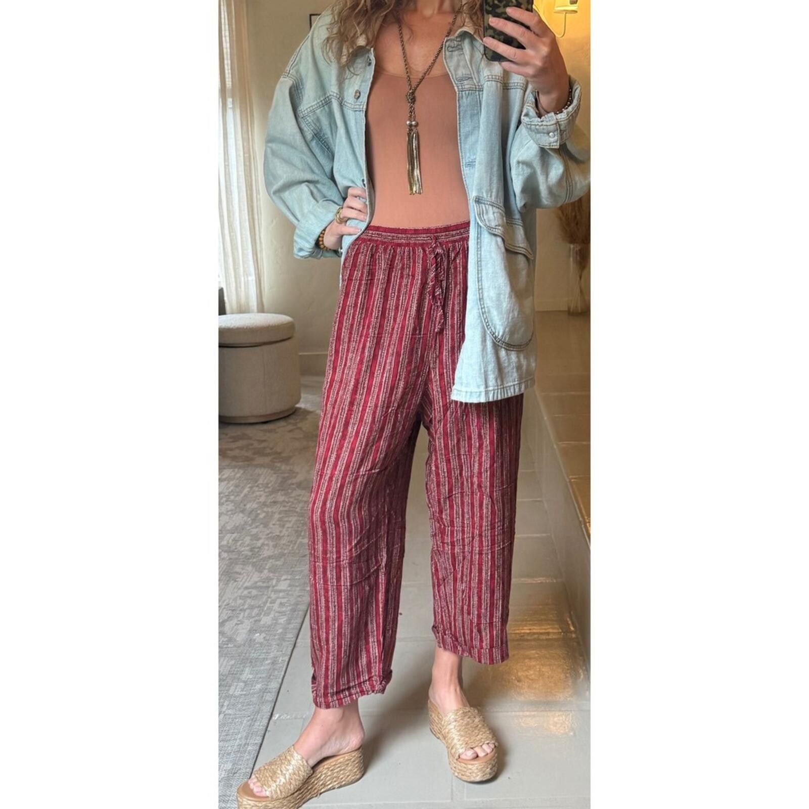 Other Vintage Norton McNaughton Burgundy Striped Rayon Wide Leg 16 Size 38" / US 16 / IT 52 - 1 Thumbnail