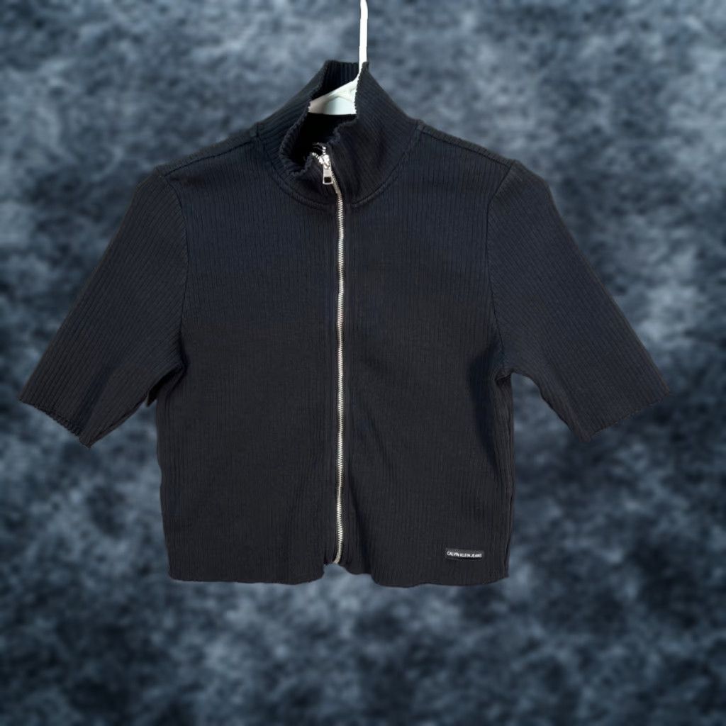 Calvin Klein VINTAGE Calvin Klein Jeans Womens Large Black Ribbed Zip-Up Short Sleeve Mock Neck Top Size L / US 10 / IT 46 - 1 Thumbnail