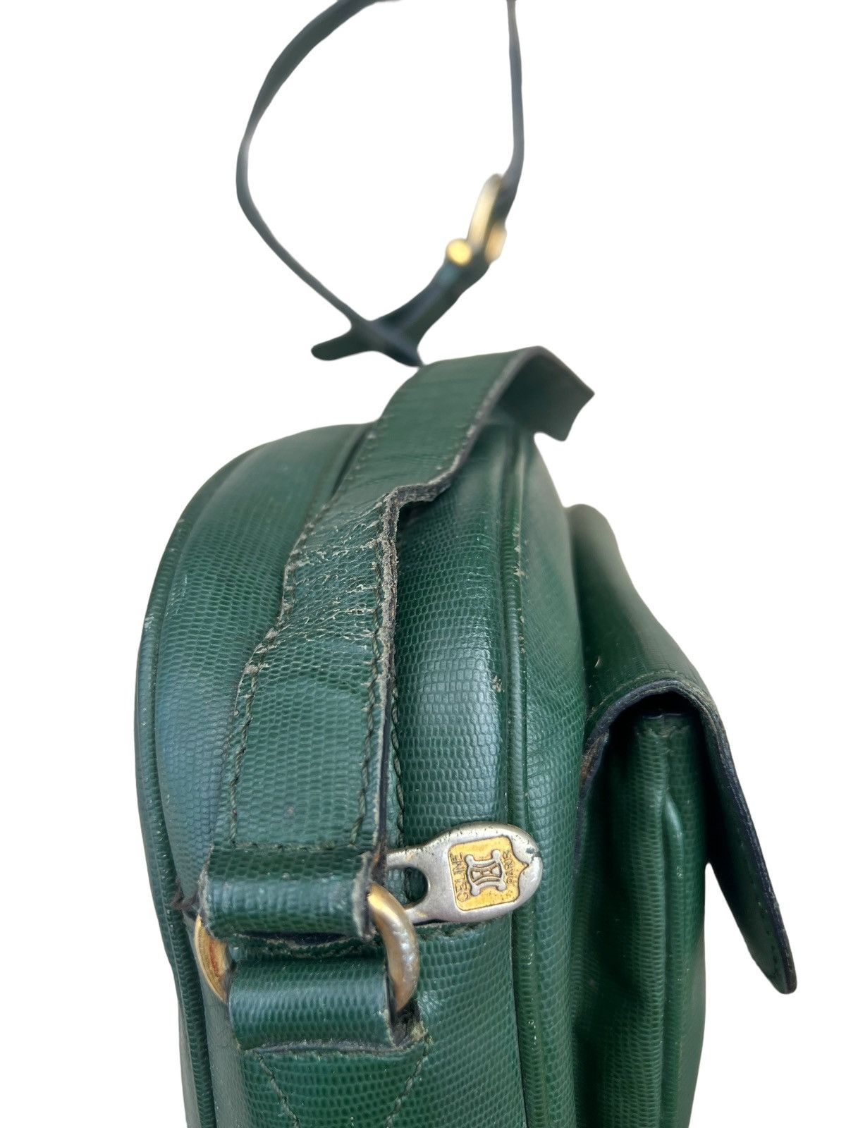 Celine × Leather Vintage CELINE Distress Patina Green Leather Bag riri Zipper Size ONE SIZE - 13 Thumbnail