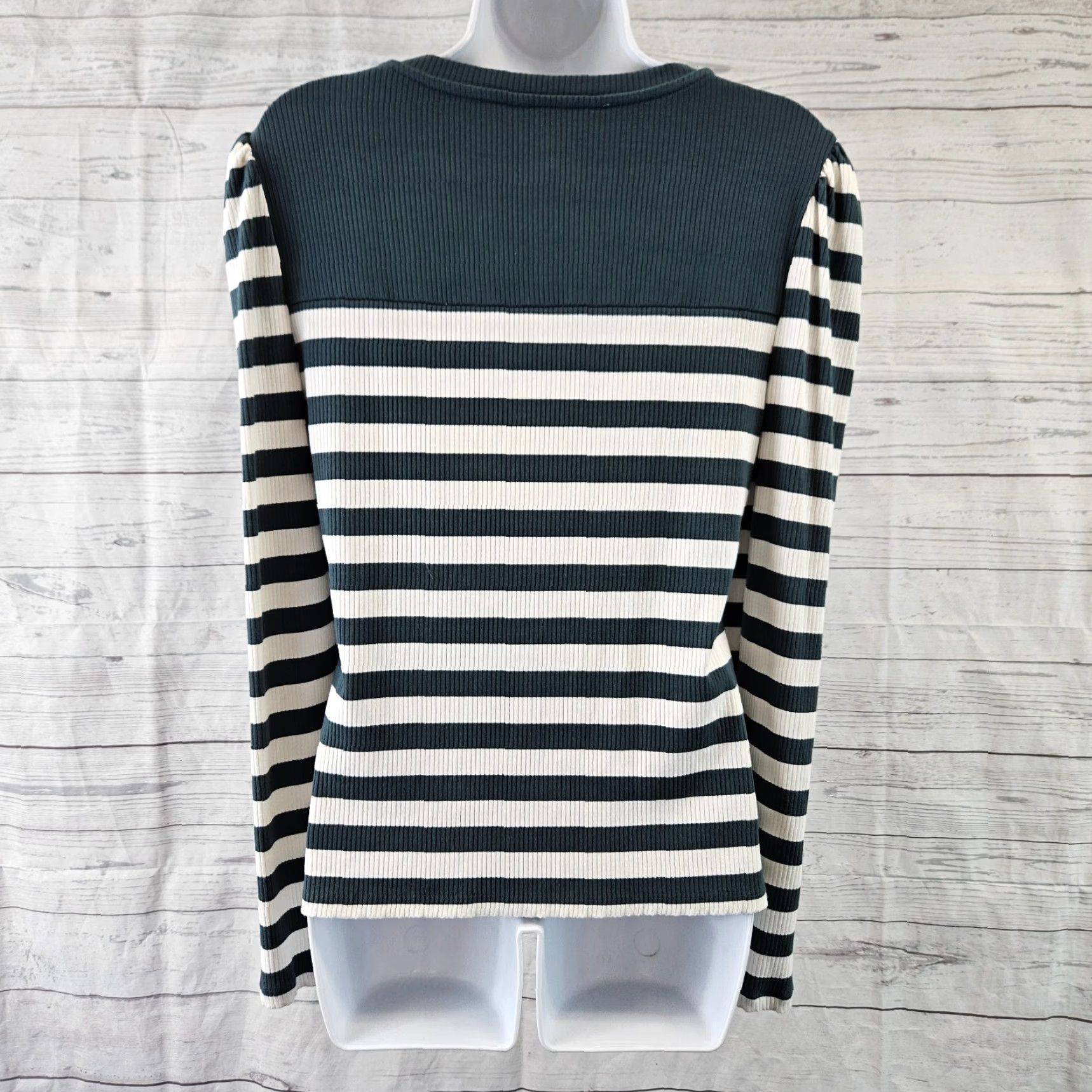 Ann Taylor Ann Taylor Womens Top Medium Teal White Stripe Ribbed Long Sleeve Rayon Size M / US 6-8 / IT 42-44 - 4 Thumbnail