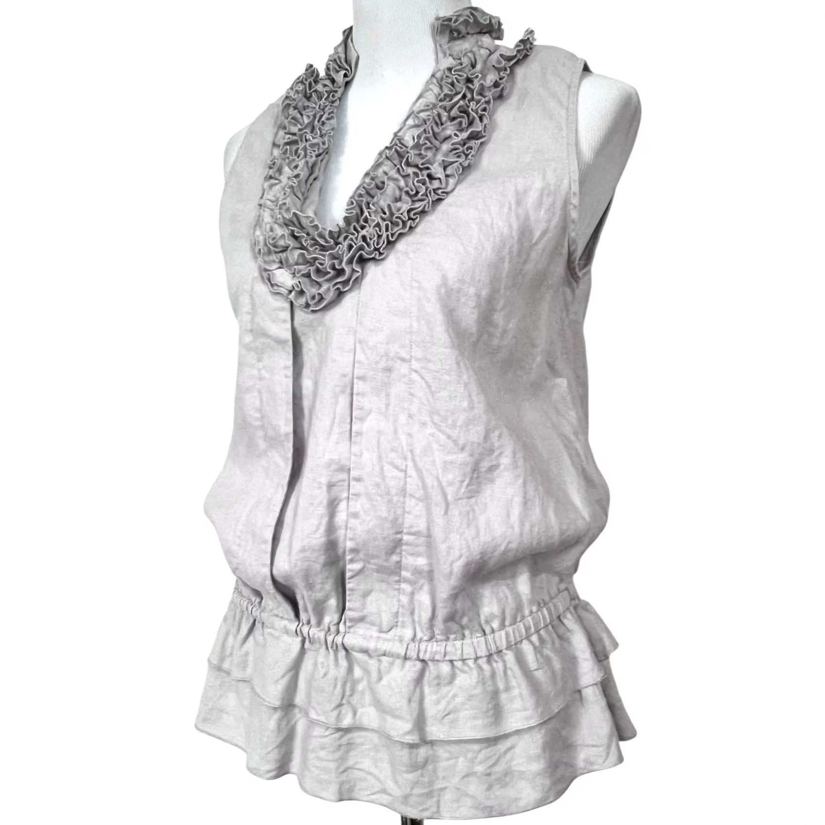 Vintage Zoe D. Women’s Linen Top Gray Sleeveless Cinched Waist Ruffled Collar Blouse M, Blouse, Women, Gray, Linen, Solid, Sleeveless, 50s? Size M / US 6-8 / IT 42-44 - 2 Thumbnail