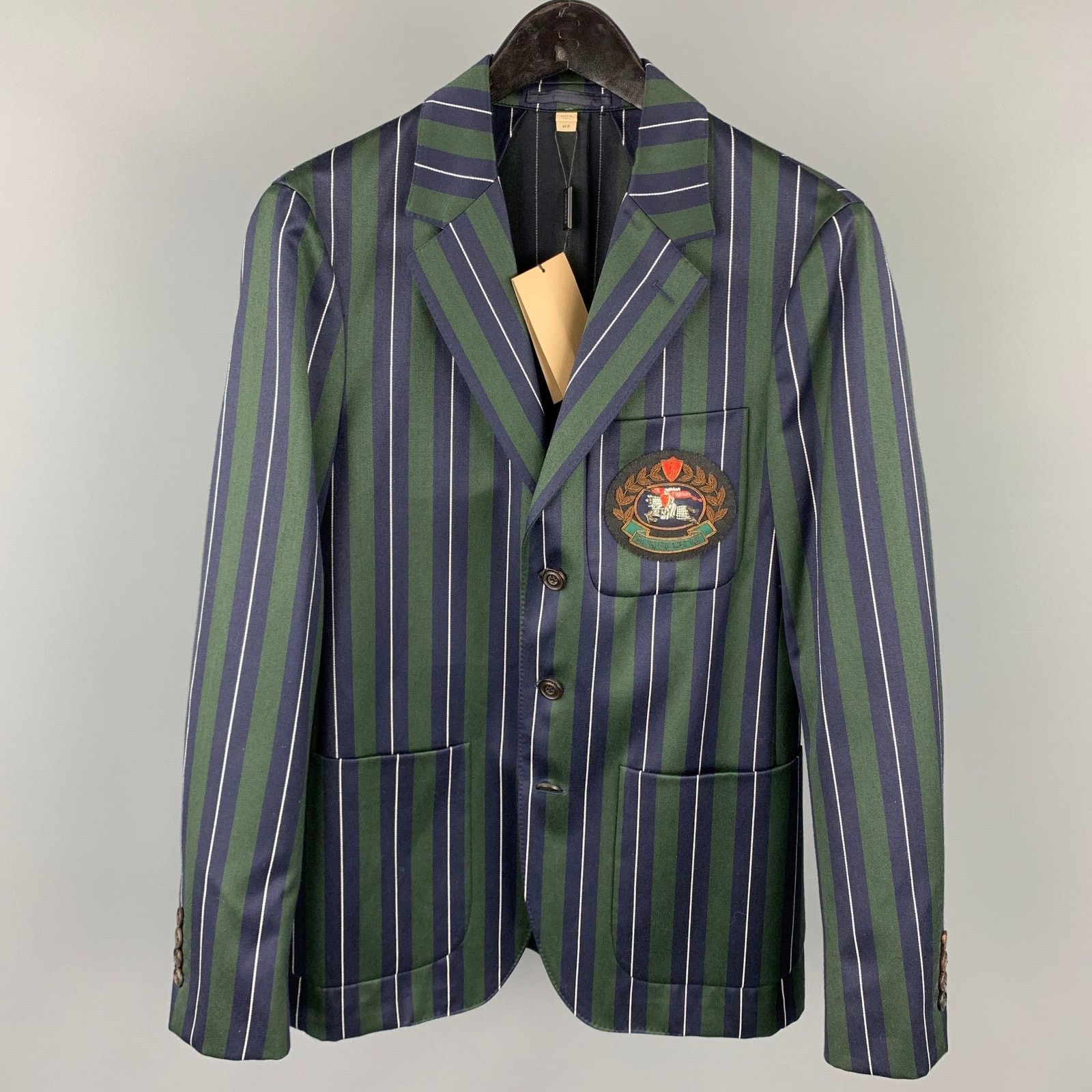 Burberry Regular Green & Navy Vertical Stripe Wool/Cotton Notch Lapel Size 36R - 1 Thumbnail