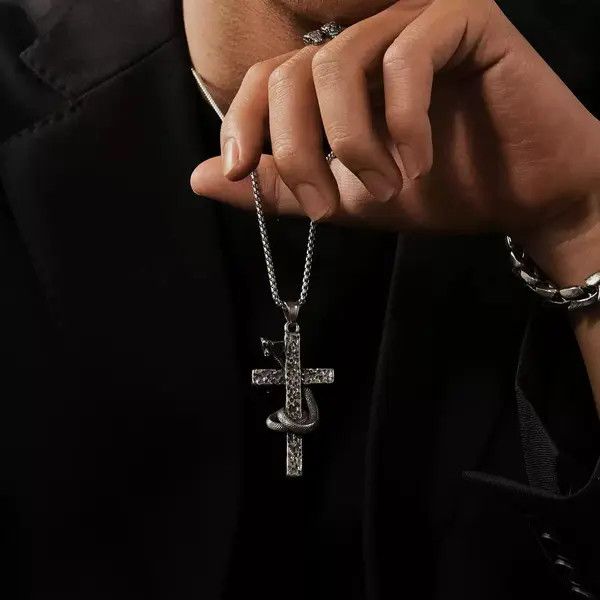 Jewelry Silver Cross Pendant Necklace with Snake Detail Size ONE SIZE - 8 Thumbnail