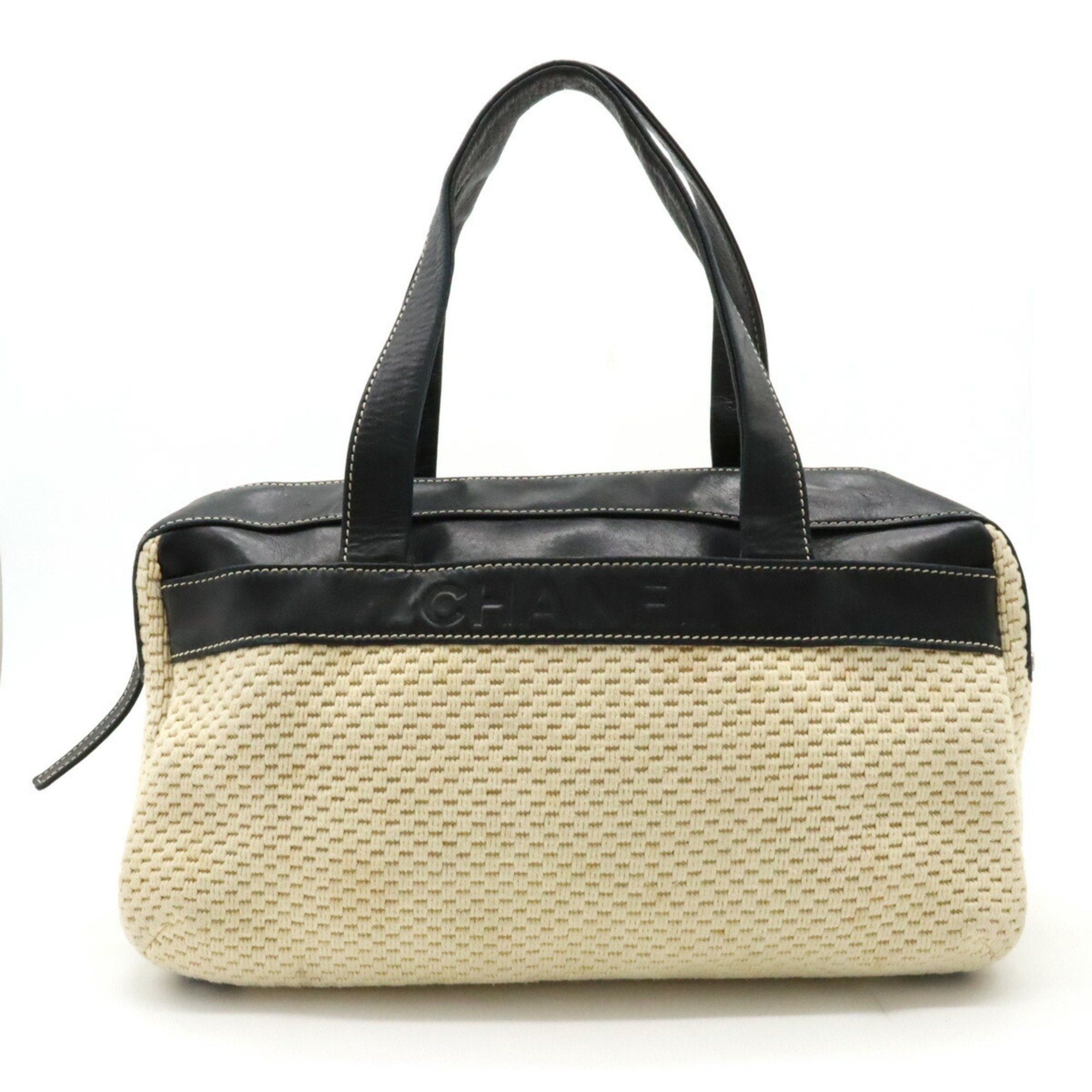 image of Chanel Boston Handbag In Cotton, Leather, Natural And Black, Women's
