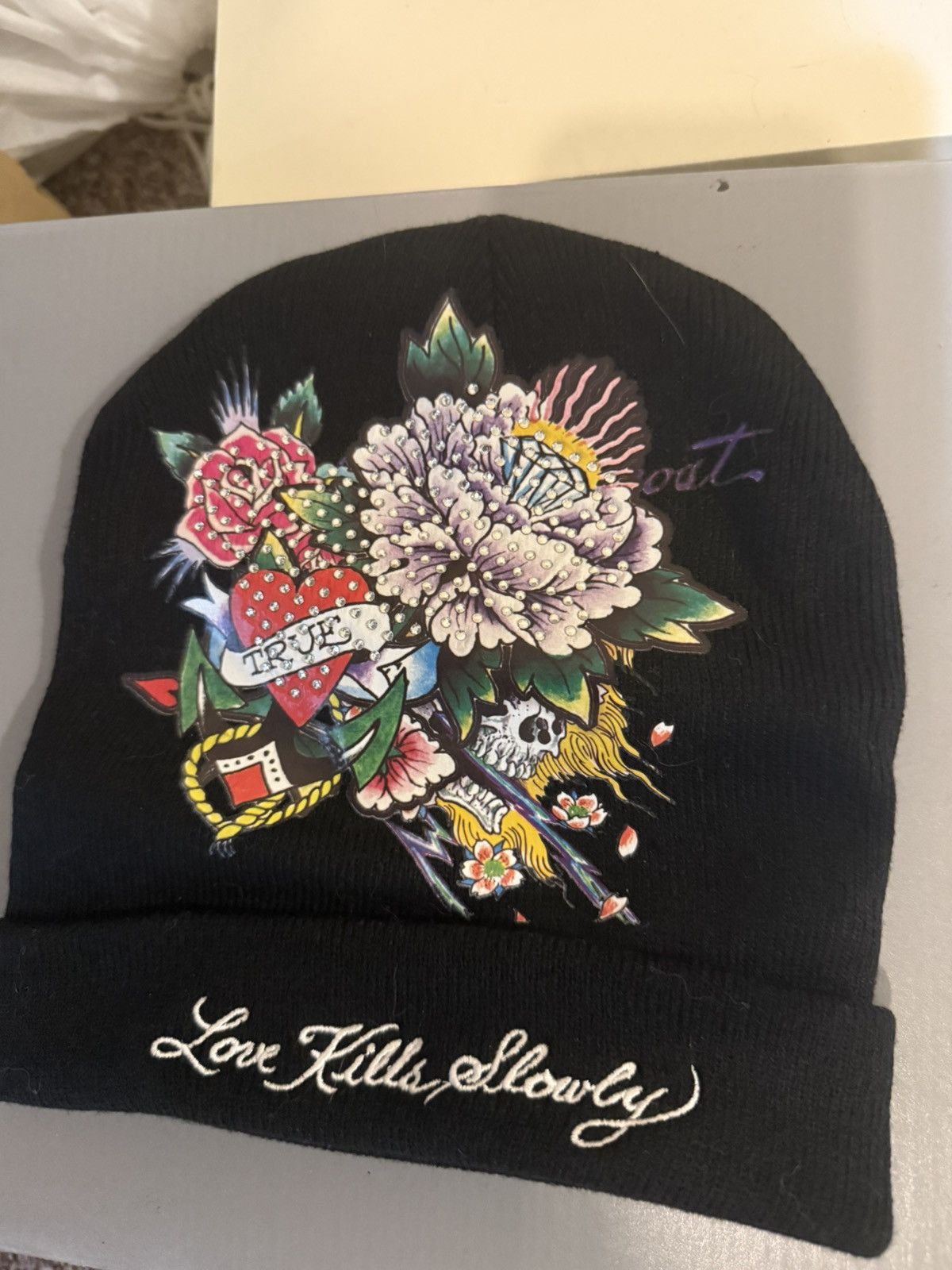 Ed Hardy Ed Hardy Love Kills Slowly Black&Mlticolor Rhinestone Beanie Size ONE SIZE - 3 Thumbnail