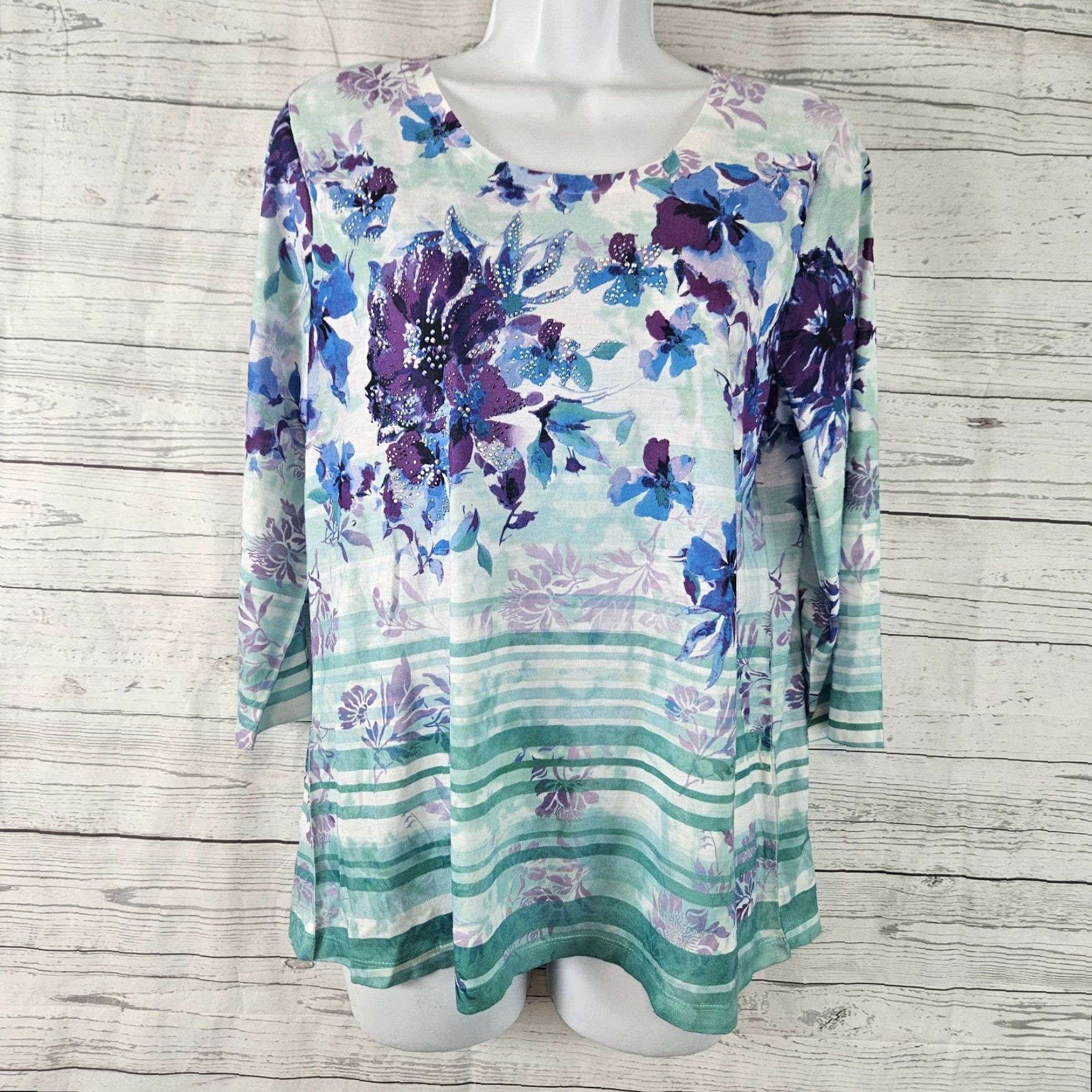 Vintage Christopher & Banks Womens Top Floral 3/4 Sleeve Pullover Blue Green Size PL Petite XS? No—Size PL. Size L / US 10 / IT 46 - 2 Thumbnail