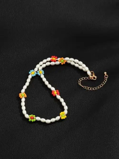 Jewelry Retro Punk Necklace Pearl Choker Flower Charm Size ONE SIZE - 3 Thumbnail