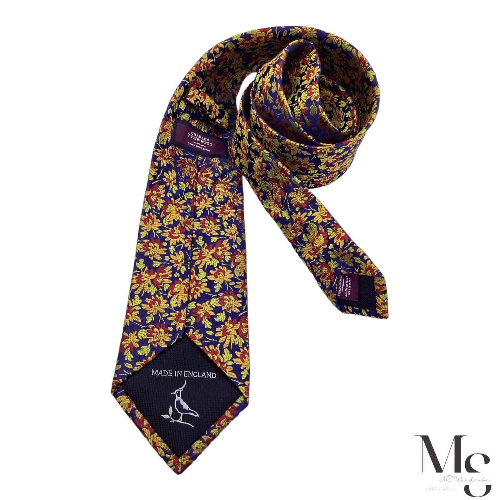 Charles Tyrwhitt CHARLES TYRWHITT Blue & Gold Floral Silk Tie Made In England Size ONE SIZE - 2 Thumbnail