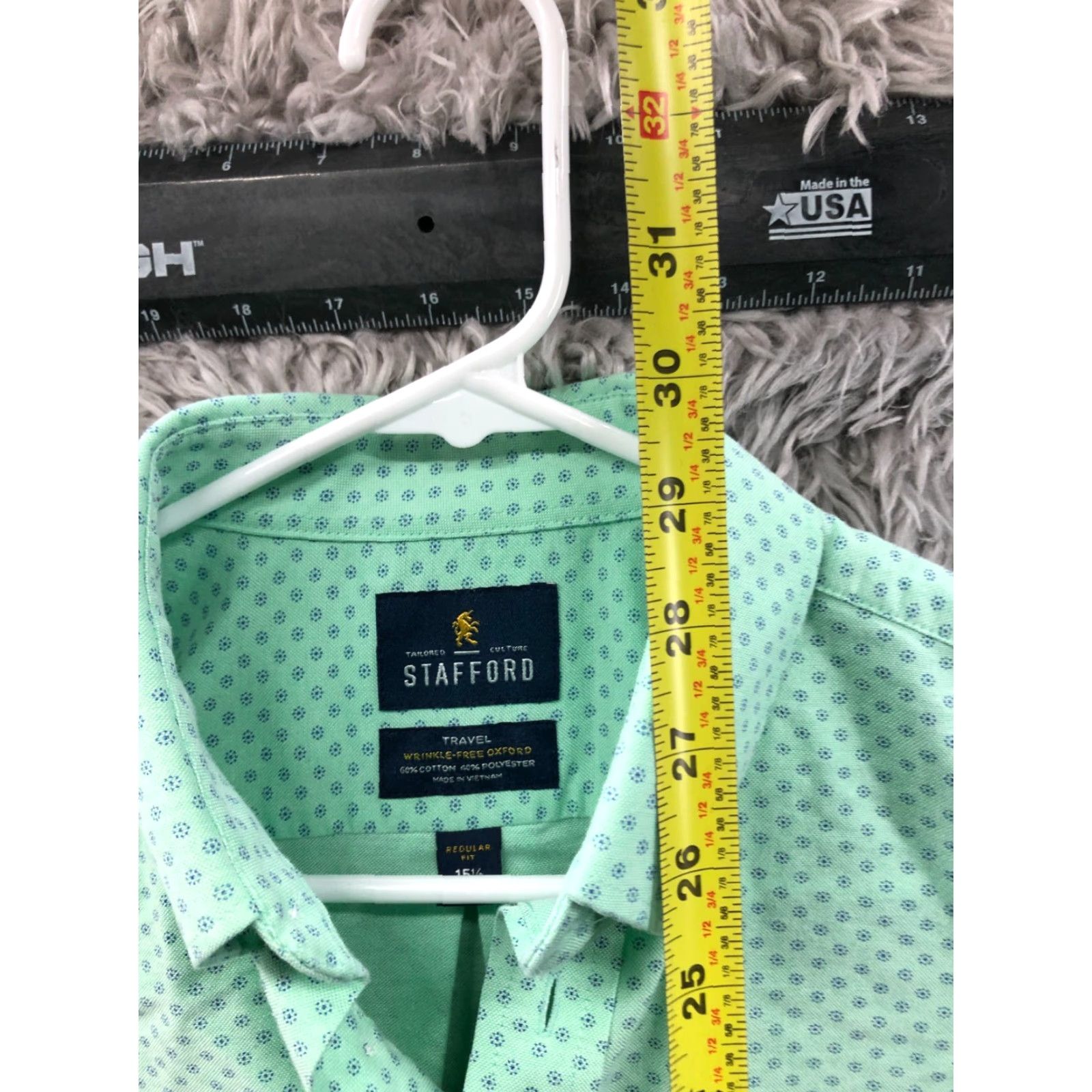 Stafford Stafford Travel Shirt Mens Regular Size 15.5 Green Long Sleeve Button-Up Collar Spread Geometric Pattern Modern Classic Outdoor Size US L / EU 52-54 / 3 - 5 Thumbnail