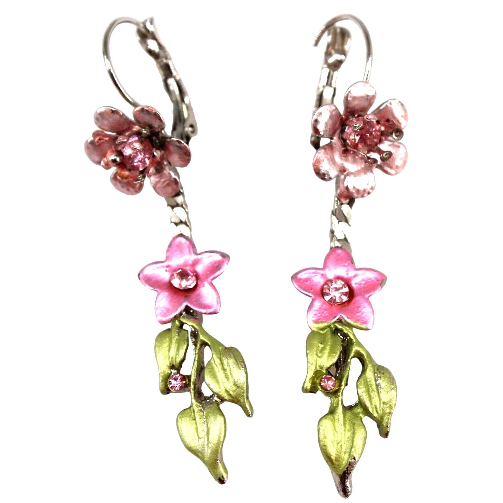 Other Pink Lavender Rhinestone Enamel Earrings •Green Leaves •2.5" Size ONE SIZE - 1 Thumbnail