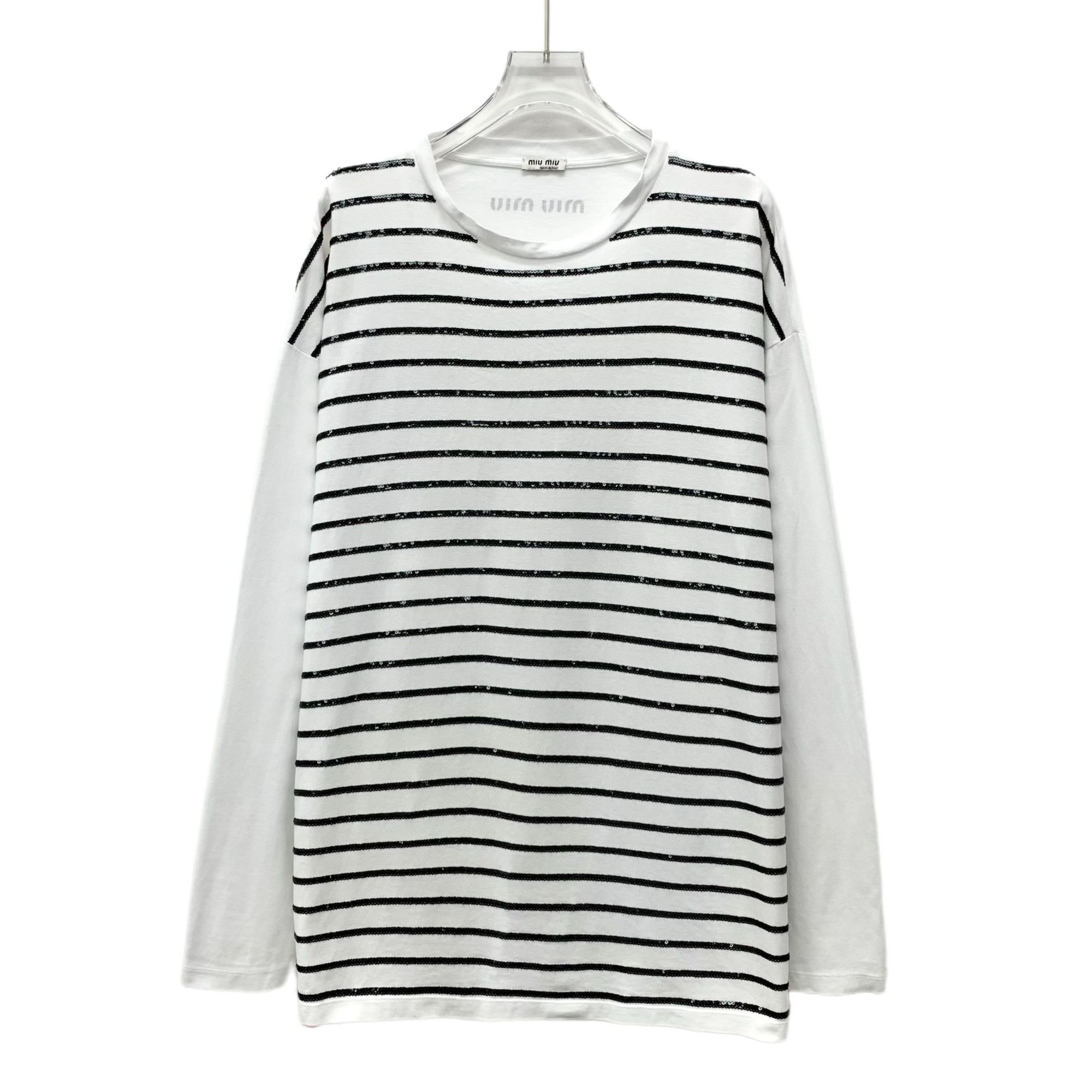 Miu Miu White & Black Striped Cotton Round-Neck Long-Sleeved