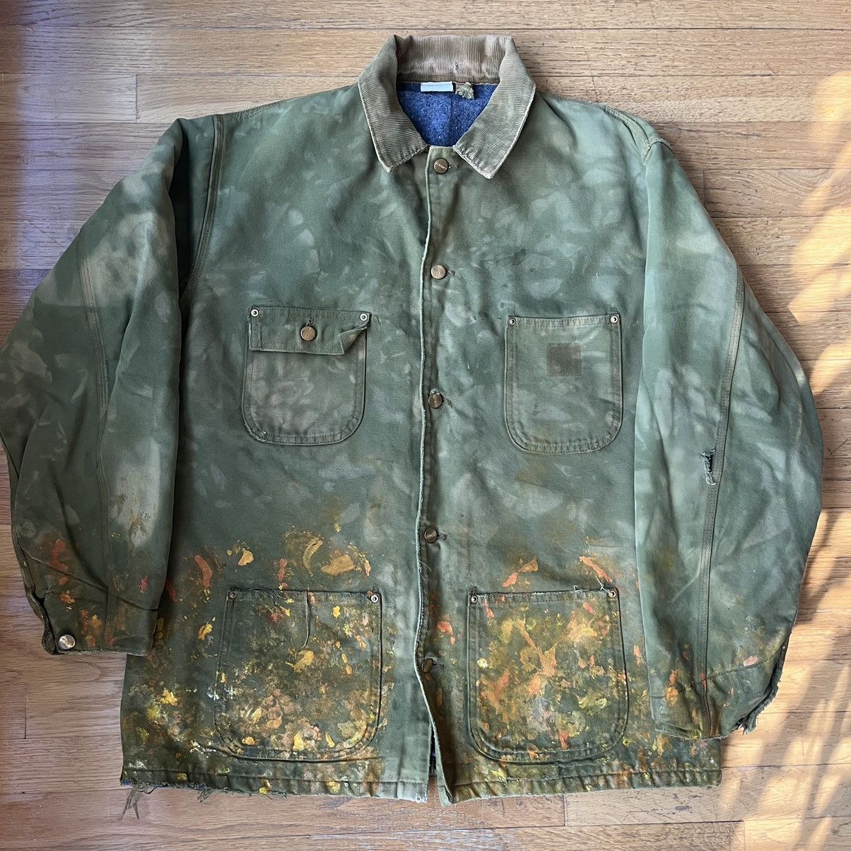 Vintage Carhartt Chore Coat Faded Military Green Paint Splatter XL
