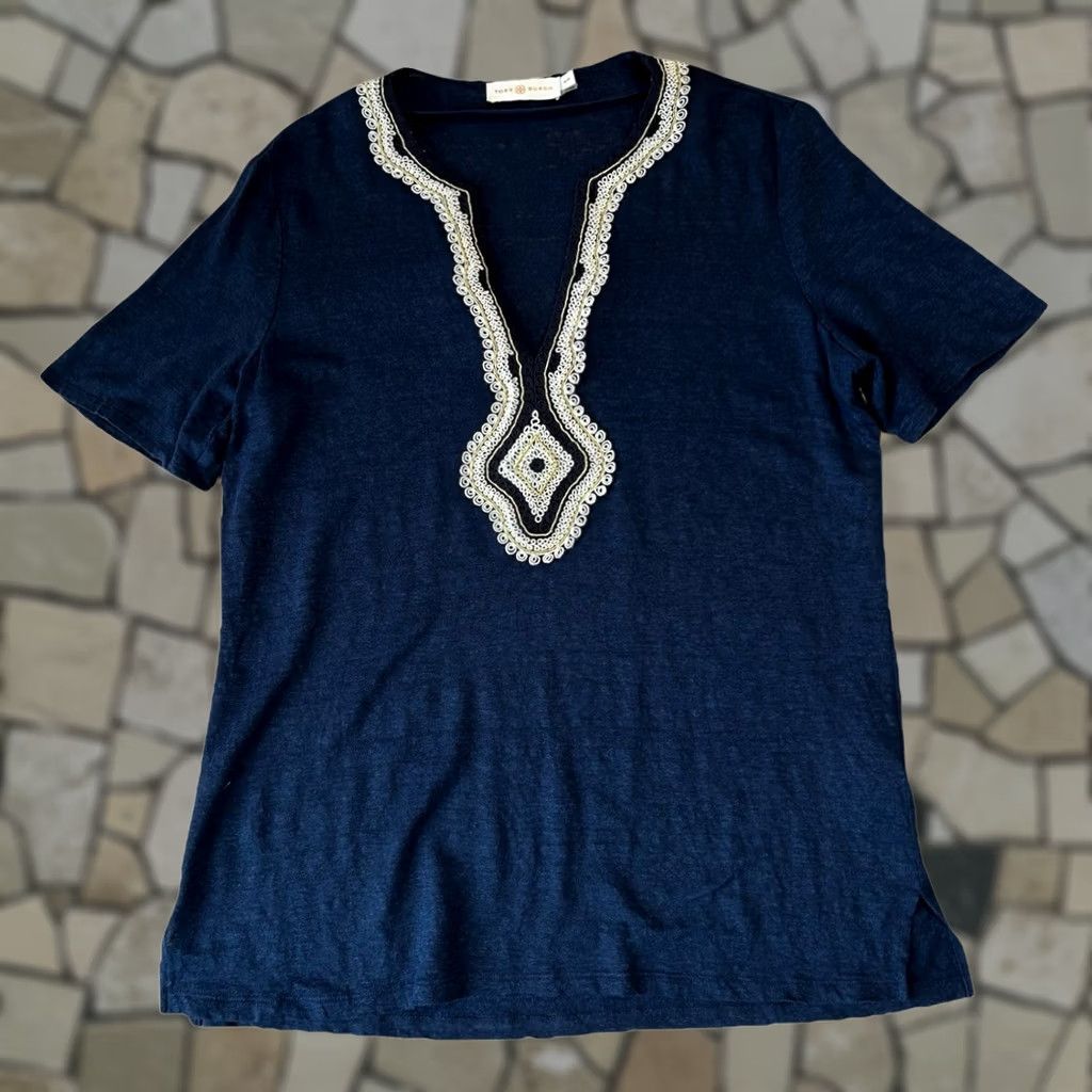 Tory Burch VINTAGE Tory Burch Liliana Embroidered Slub-Knit Linen Tee In Tory Navy Women’s M Size M / US 6-8 / IT 42-44 - 1 Thumbnail
