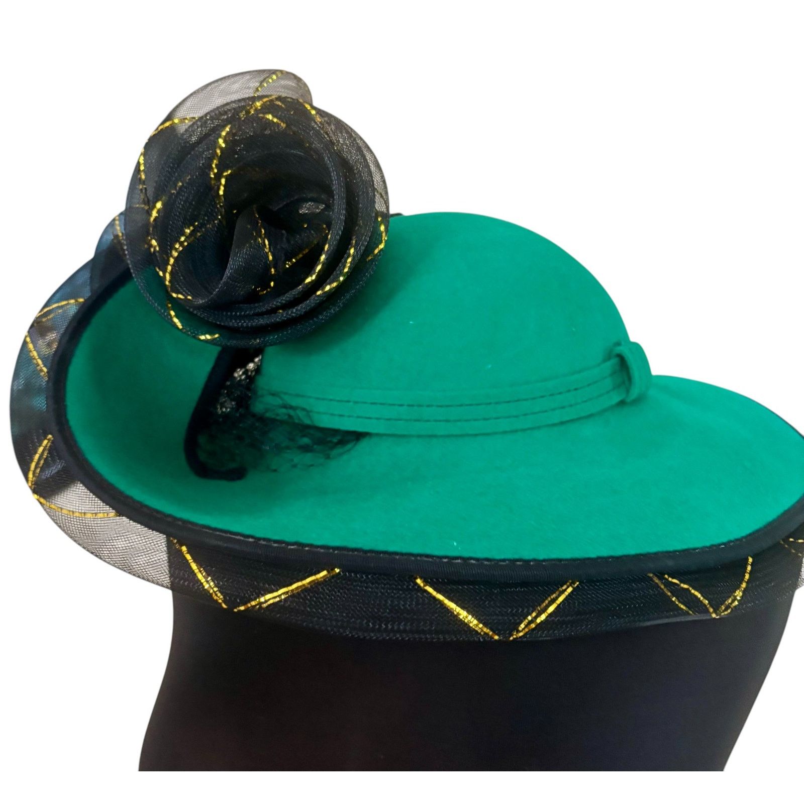 Vintage Sandra of New York Hunter Green Wool Black Tulle Vintage Hat Size ONE SIZE - 4 Thumbnail