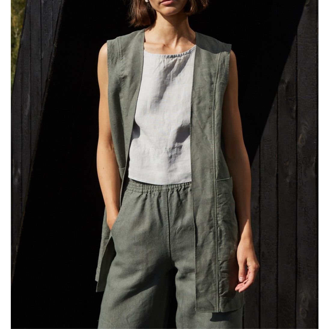 Linea Linenfox charcoal grey linen open front vest cardigan pocket Size L / US 10 / IT 46 - 6 Thumbnail