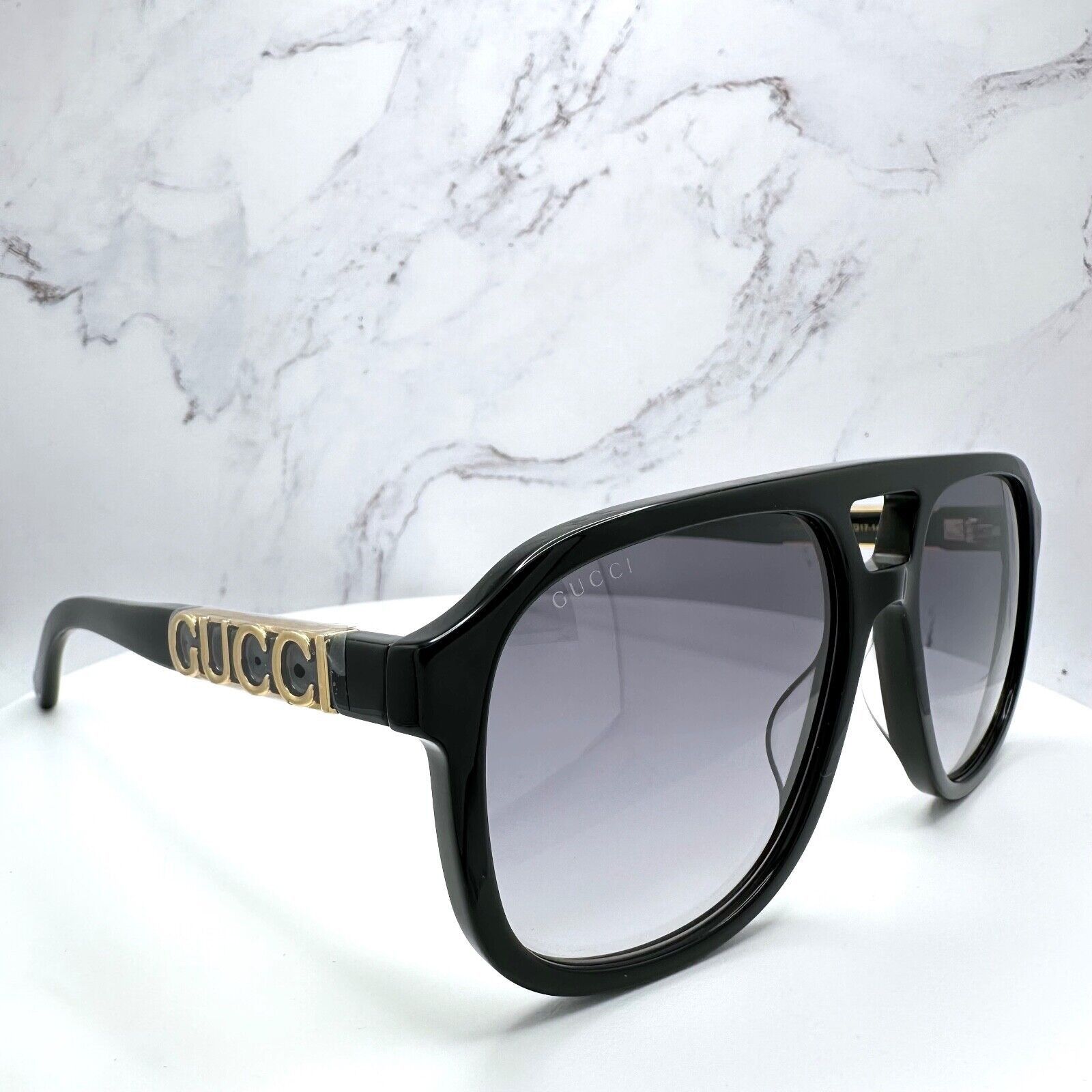 New Gucci Sunglasses Black Pilot Aviator 58mm Navigator Gold