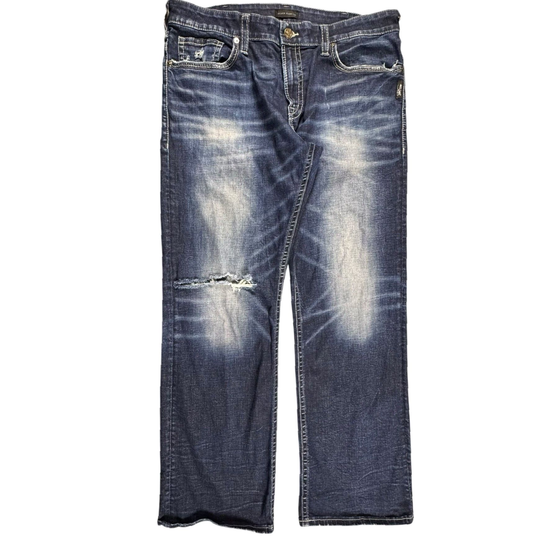 Silver Jeans Co. Silver Jeans Gordie Jeans Straight Mens 36x32 Distressed Denim Relaxed 5-Pocket Blue 90s Grunge USA Country Cowboy Metal Signature Logo Embroidered Size US 36 / EU 52 - 2 Thumbnail