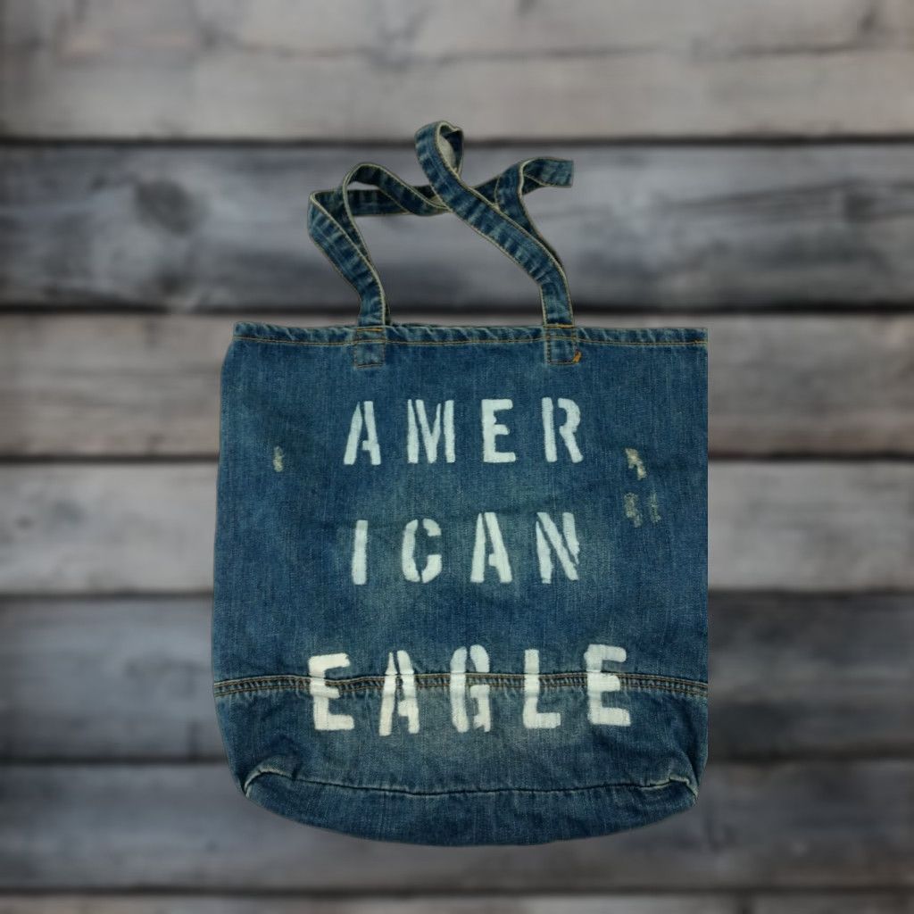American Eagle Outfitters American Eagle Outfitters Tote Bag 100% Cotton Blue Jean Denim Distressed Reusable Tote Bags Womens Medium Blue Denim Size 32" / US 10 / IT 46 - 1 Thumbnail