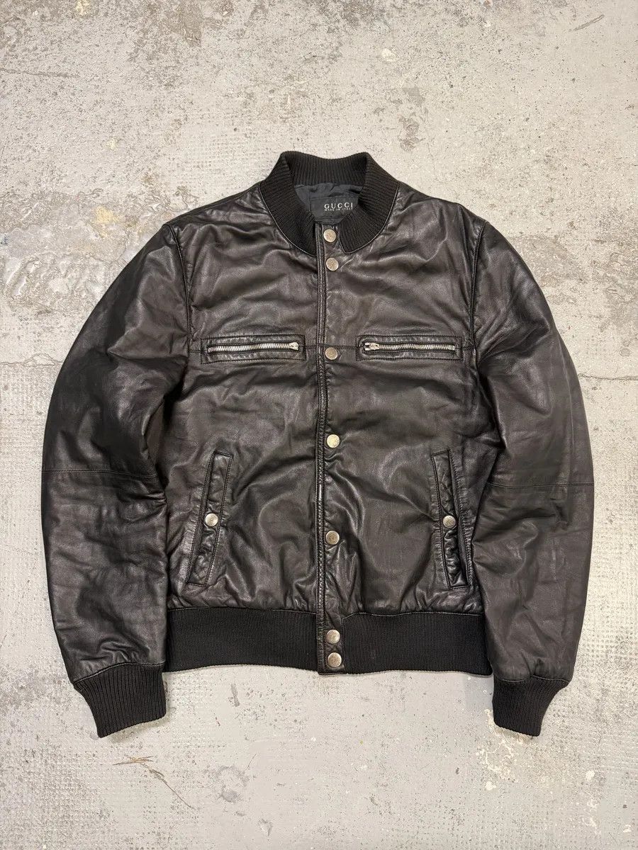 Gucci 2000s Gucci Buttoned Black Biker Leather Jacket Size US M / EU 48-50 / 2 - 1 Thumbnail