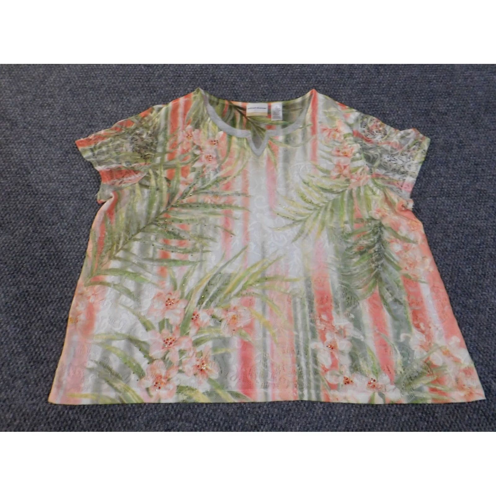 Vintage Alfred Dunner Blouse Womens 2X Green Floral Geometric Sheer Short Sleeve Lace Collared Pullover Plus Size Regular Fit Classic Vintage: No Size XXL / US 16-18 / IT 52-54 - 4 Thumbnail