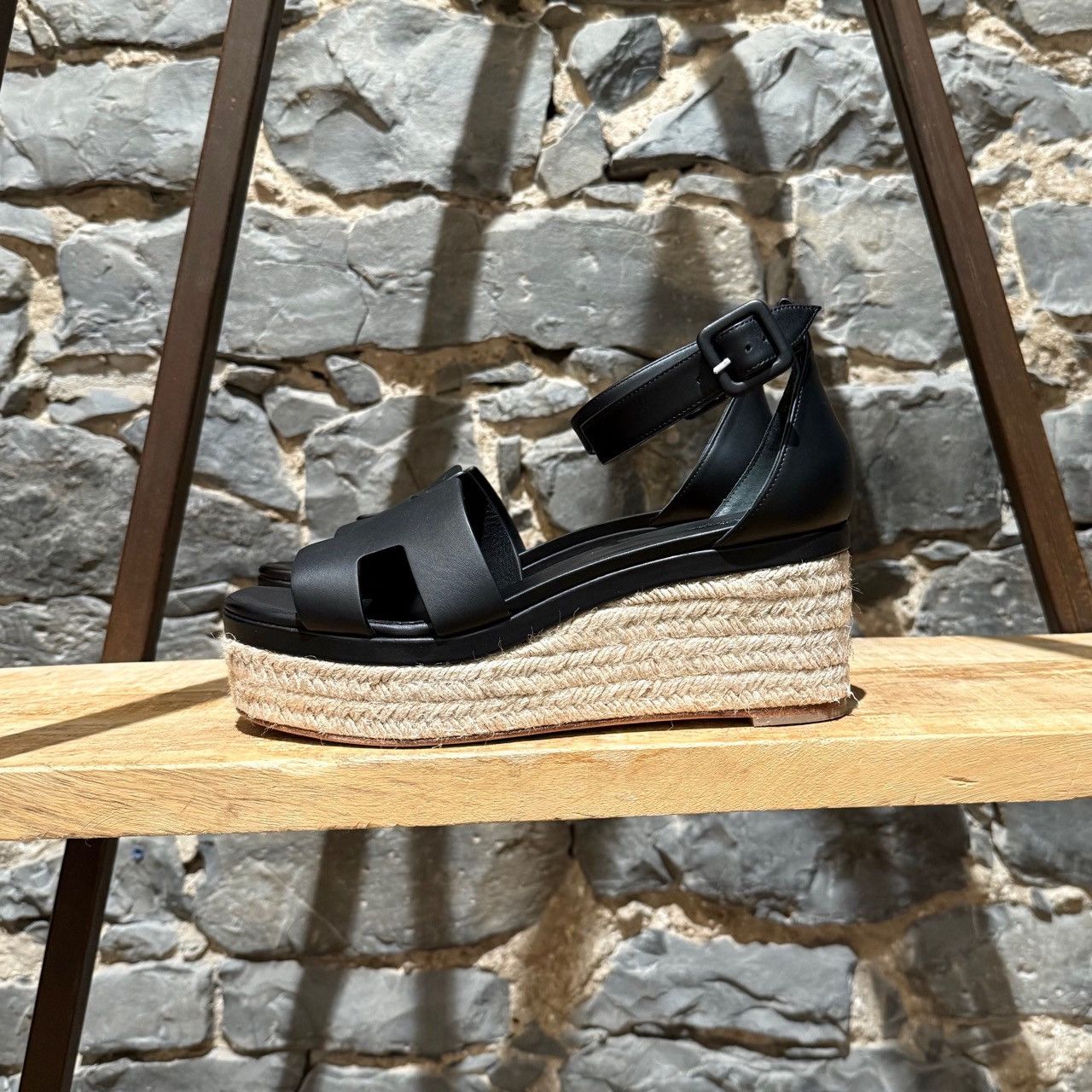 Hermes Hermès Black Leather Elda Wedges Espadrilles H Sandals Size US 11 / IT 41 - 6 Thumbnail