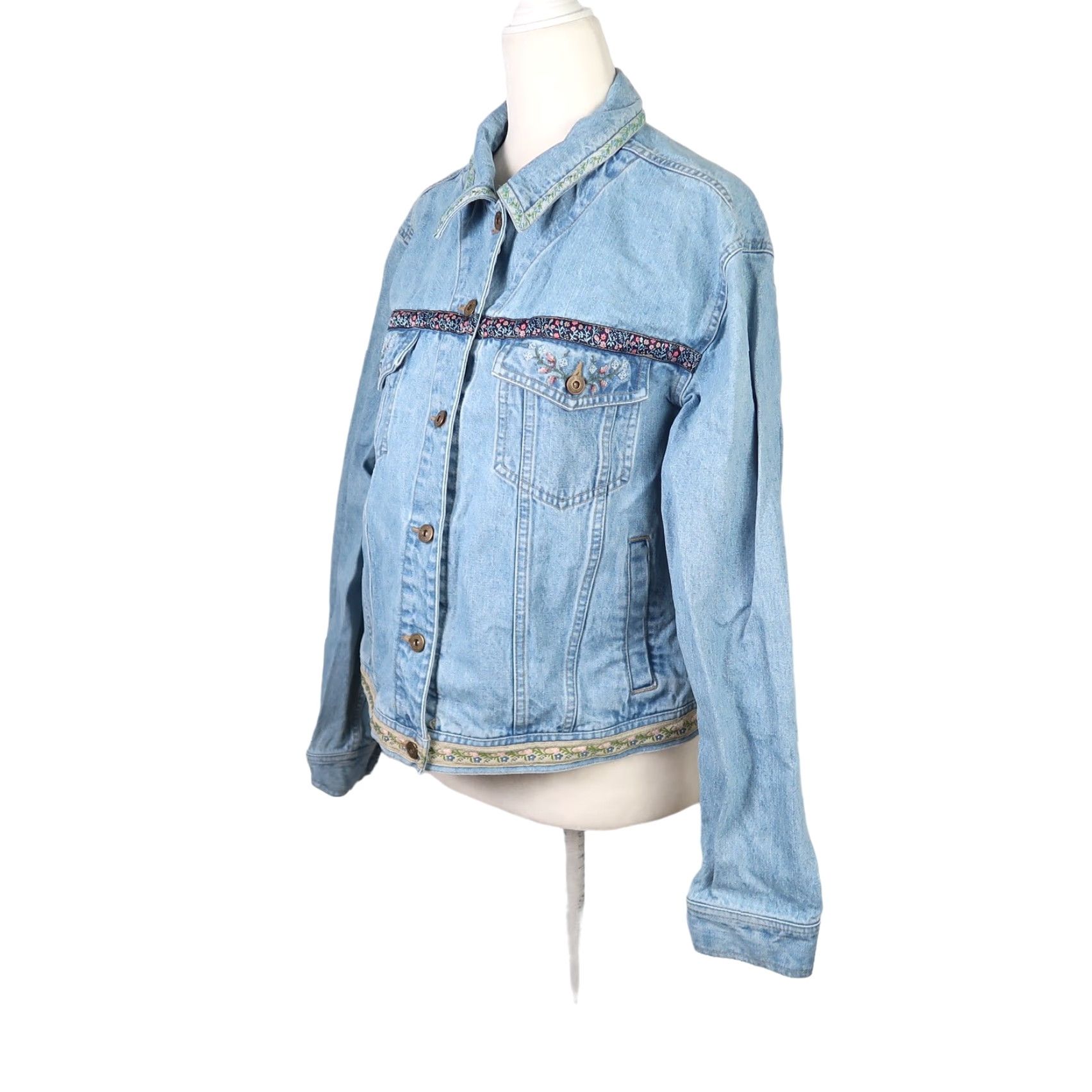 Liz Claiborne VINTAGE Liz Claiborne Denim Jacket - Floral Trim - Light Wash - 90s - Blue - L - Womens Jacket Size L / US 10 / IT 46 - 3 Thumbnail