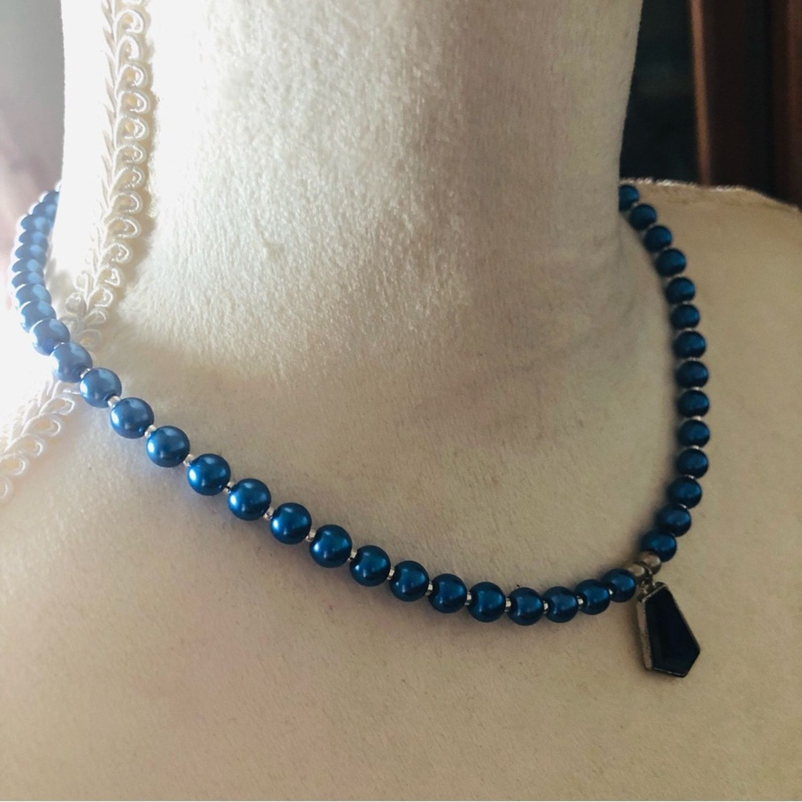 Handmade Handcrafted repurpose blue geometric glass Pearl necklace Size ONE SIZE - 3 Thumbnail