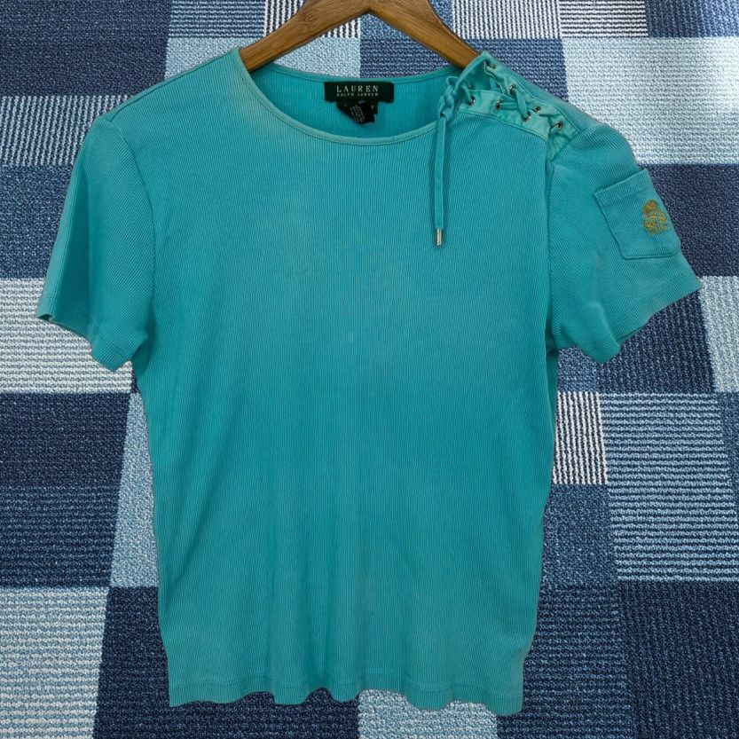 Ralph Lauren Lauren Ralph Lauren Blouse Women's M Blue Logo Ribbed Tie Clouse Accent Shirt Size M / US 6-8 / IT 42-44 - 1 Thumbnail