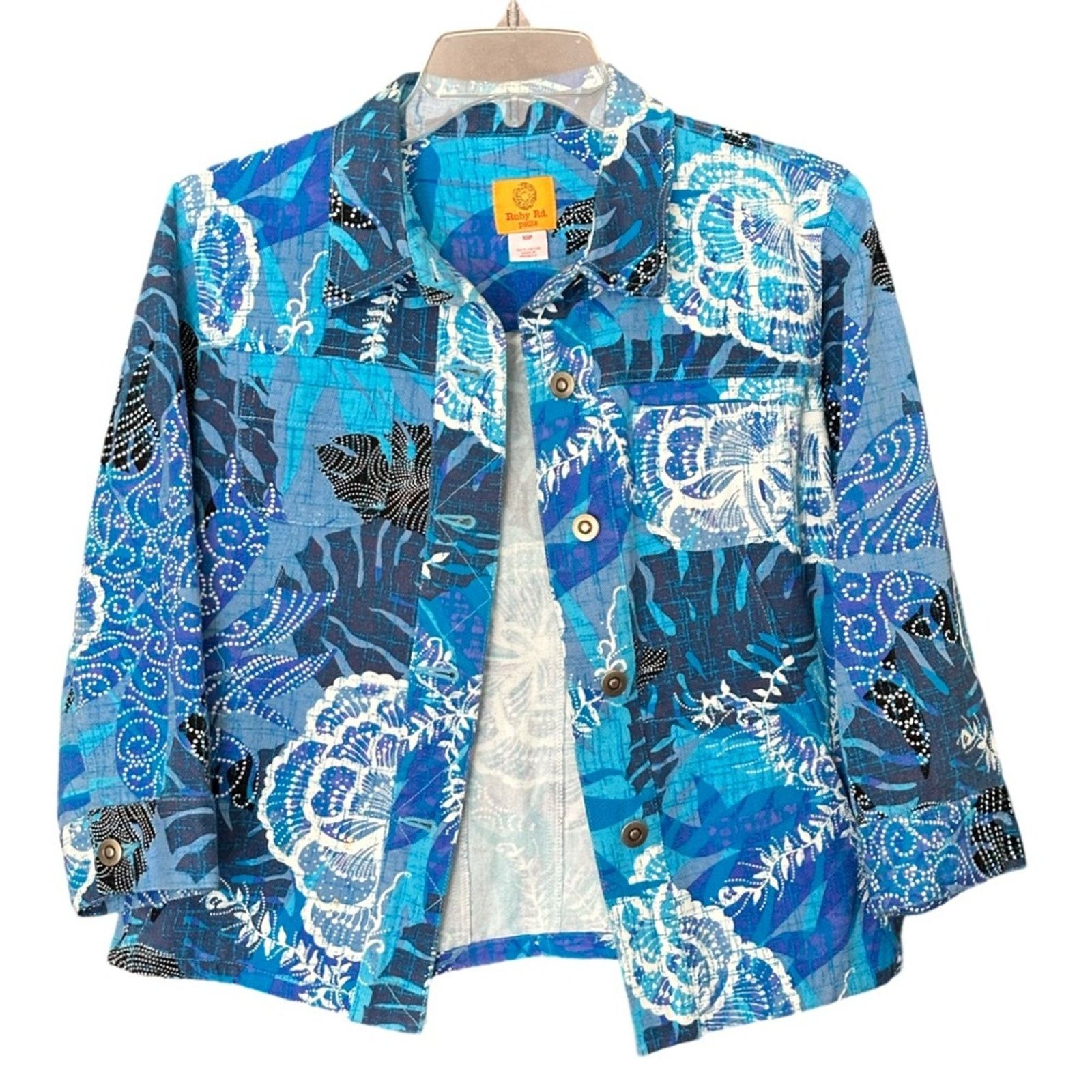 Other Ruby Rd Petite Blue Floral Print Light Denim Jacket Size L / US 10 / IT 46 - 1 Thumbnail