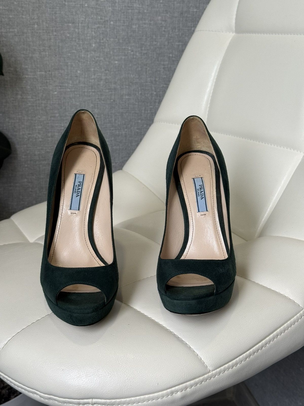 Prada Prada Green Suede Platform Peep Toe Stiletto High Heel Pumps Size US 7.5 / IT 37.5 - 14 Thumbnail