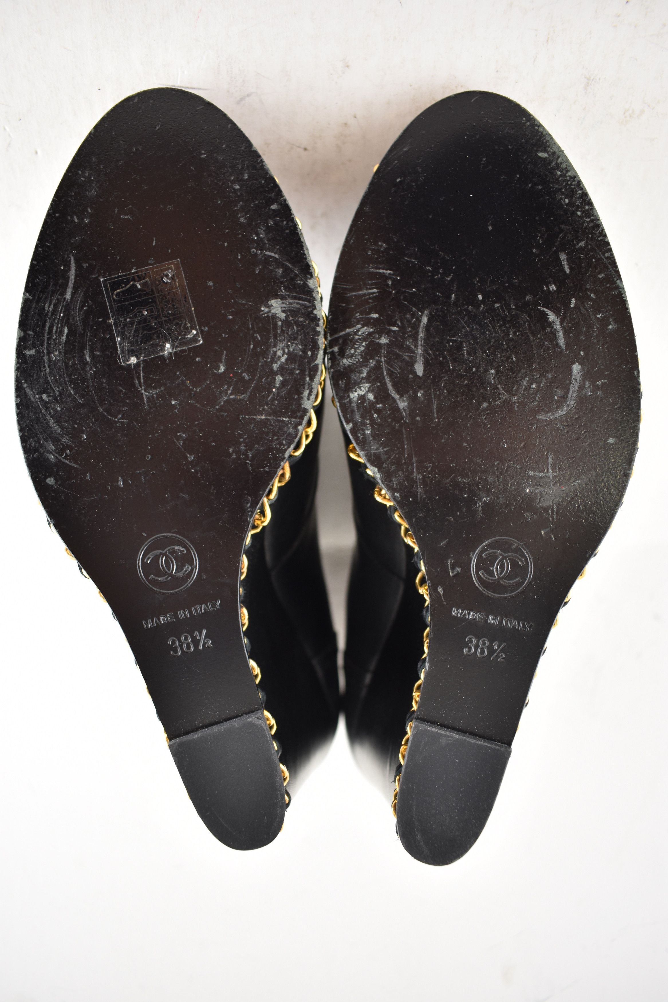 Chanel Leather Gold Chain Around CC Logo Ankle Wedge Boot 38.5 Size US 8.5 / IT 38.5 - 19 Thumbnail