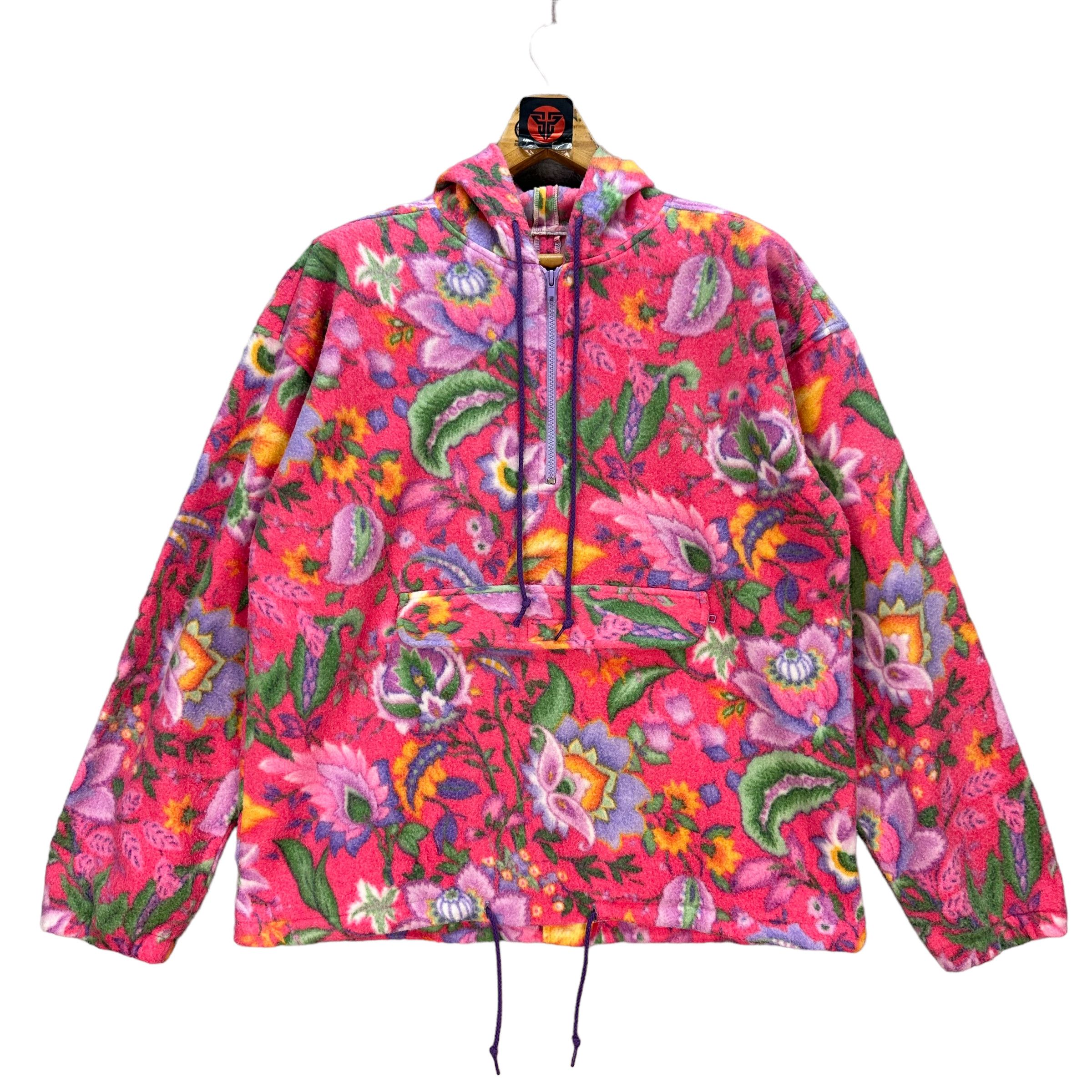 Vintage FLORAL GRAPHIC PULLOVER FLEECE HOODIE #7565-153 Size US M / EU 48-50 / 2 - 1 Thumbnail