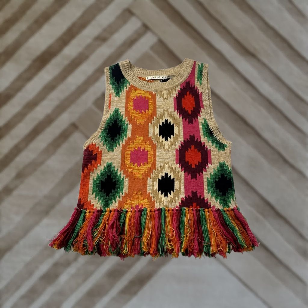 Alice + Olivia Alice + Olivia Tank Womens Small Reva Peplum Fringe Aztec Boho Festival Knitting Knit Crew Neck Sleeveless Multicolor XS S M L Size S / US 4 / IT 40 - 1 Thumbnail