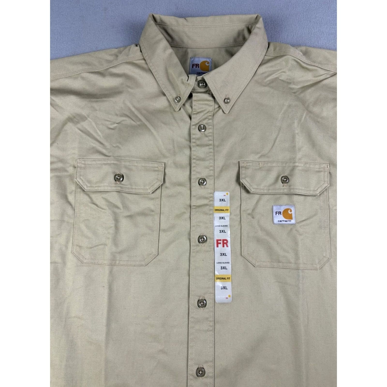 Carhartt Carhartt FR Shirt Mens 3XL Beige Flame Resistant Button-Up Workshirt Twill Cotton Nylon Pockets Embroidered Button-Down Collar Mens Regular Size US XXL / EU 58 / 5 - 2 Thumbnail