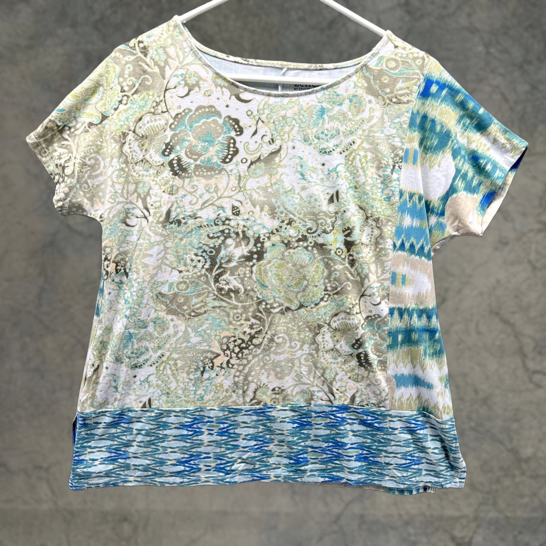 Vintage Chico's Shirt Womens 1 White Blue Zenergy Round Neck Floral Teagan Mixed Print Shirt T-Shirt Casual Spring Summer Womens 1 White Size XS / US 0-2 / IT 36-38 - 1 Thumbnail