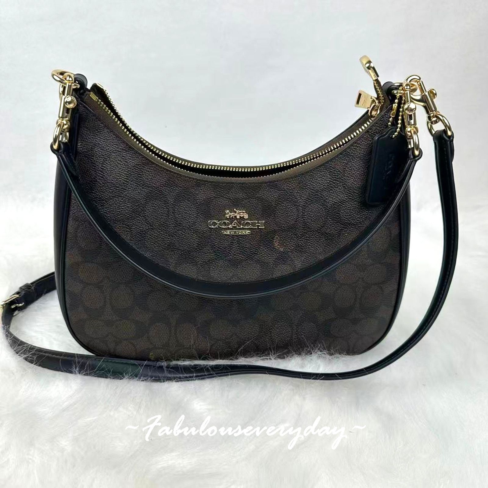 Coach Teri Hobo Bag Crossbody Sig Canvas/Gold/Walnut/Black