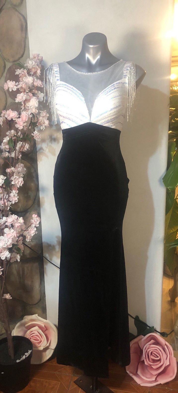 Maxi gown dress white beaded top with black bottom VELVET