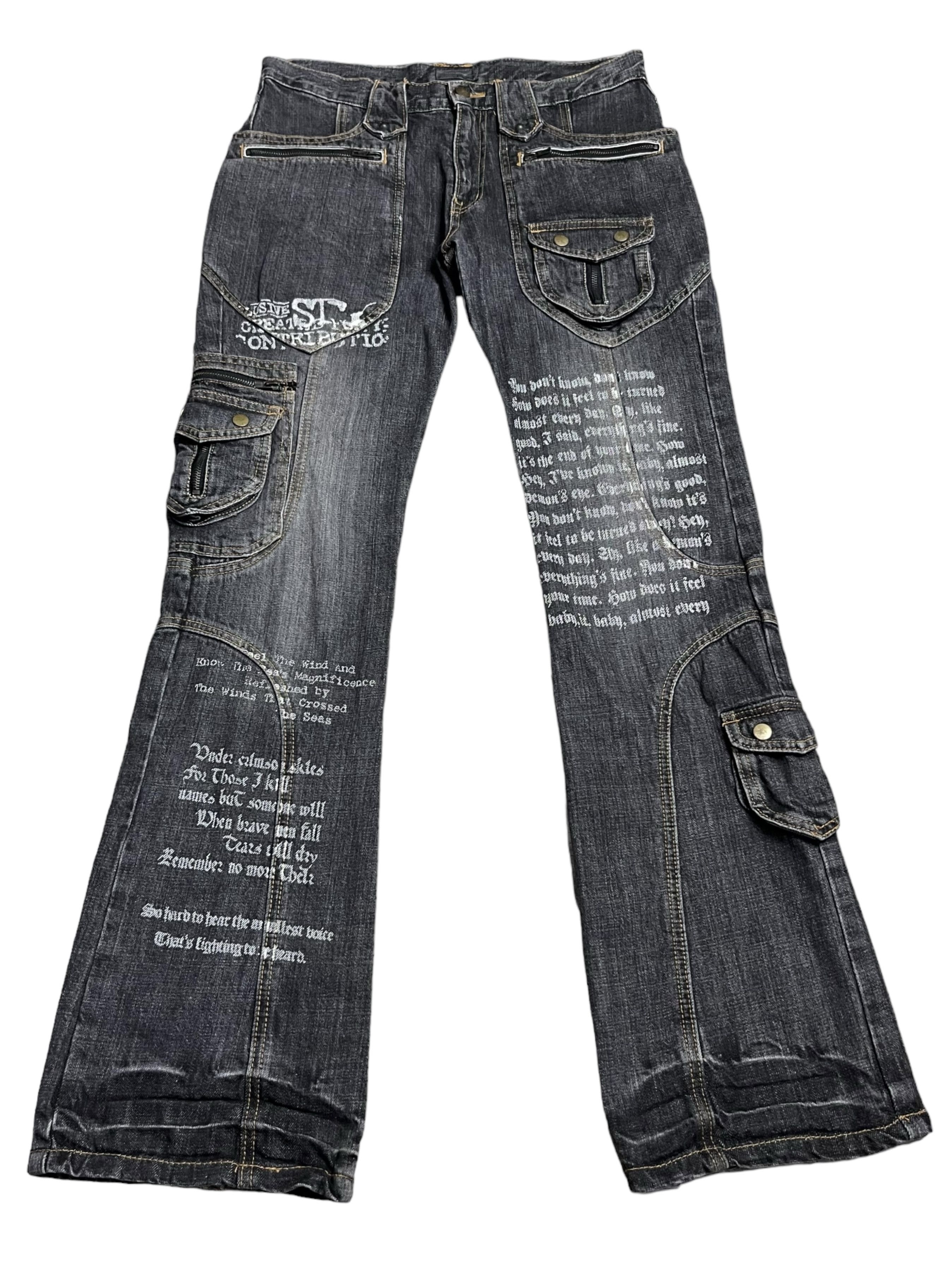 Japanese Brand 🔥EVOLUTION Retro Punk Poems Multipocket Flare Denim Jeans Size US 31 - 2 Thumbnail