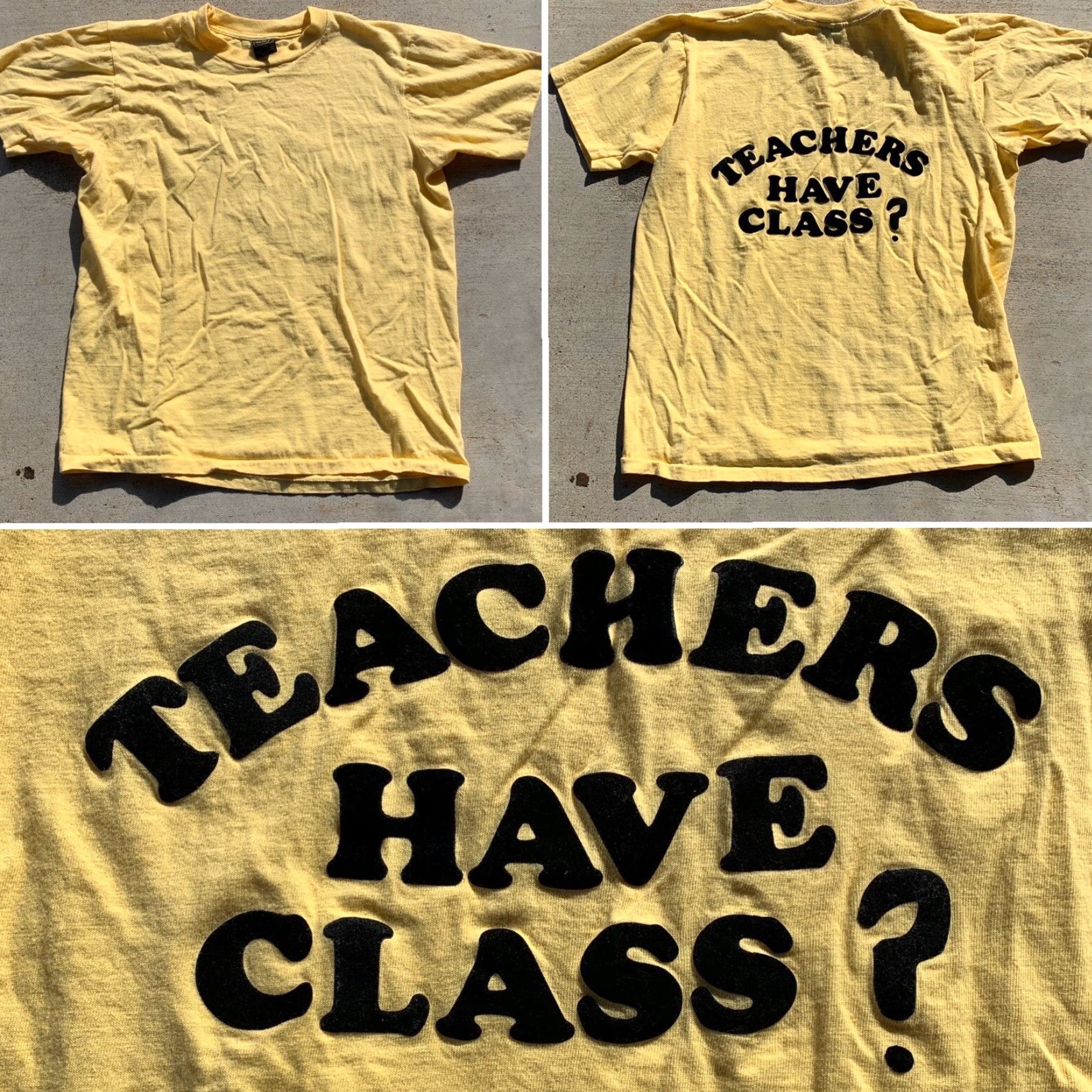 Vintage VINTAGE TEACHERS HAVE CLASS Iron On Letters T Shirt Single Stitch Heavy Size XL Mens Yellow 100% Cotton Size US XL / EU 56 / 4 - 5 Thumbnail