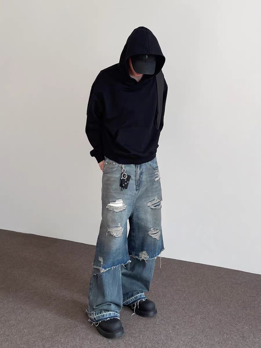 Japanese Brand × Jean High Street Hip Hop Fake Two Piece Layered Aged Jeans Size US 34 / EU 50 - 5 Thumbnail