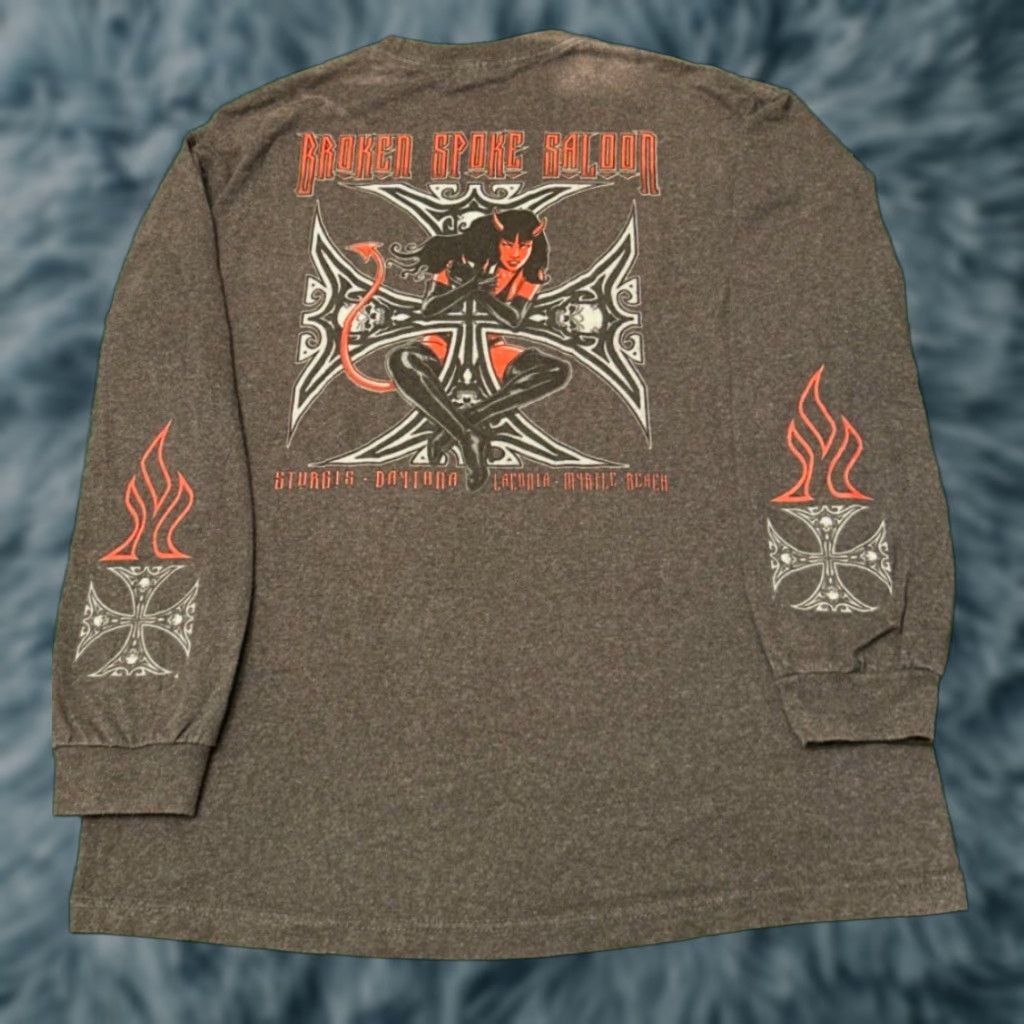 Vintage VINTAGE Broken Spoke Saloon Chrome Skull Cross Flames Biker Long Sleeve Shirt XL Mens Gray Size US XL / EU 56 / 4 - 1 Thumbnail