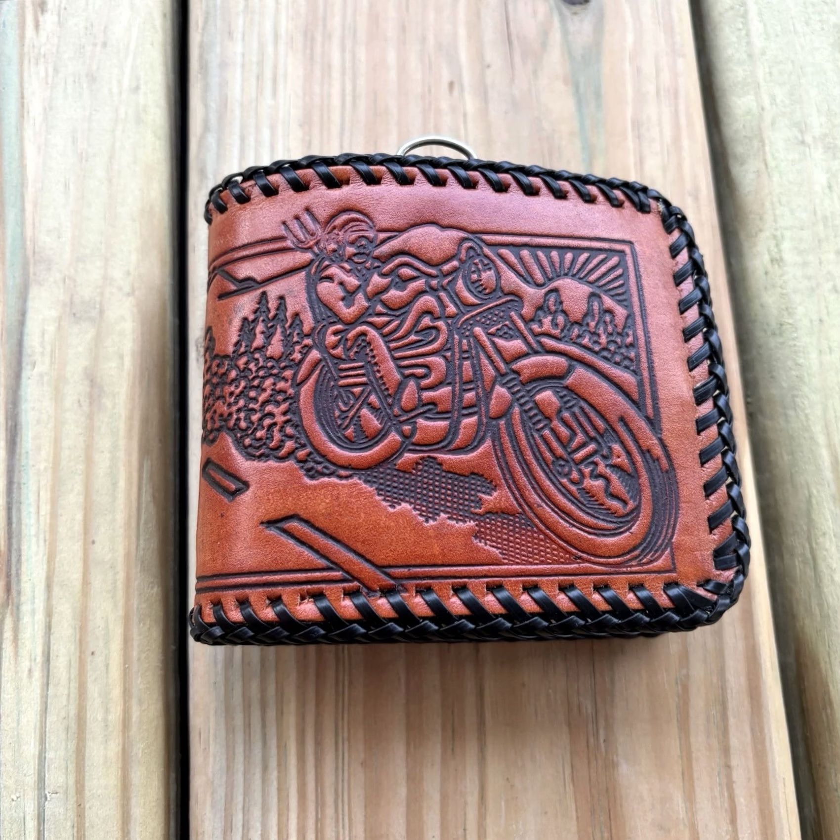 Vintage VINTAGE Leather Wallet Keep On Bikin Whipstitch Hand Tooled Motorcycle Bifold Wallet Men Brown Leather Eagle Pattern LACED Handmade United States Size ONE SIZE - 6 Thumbnail