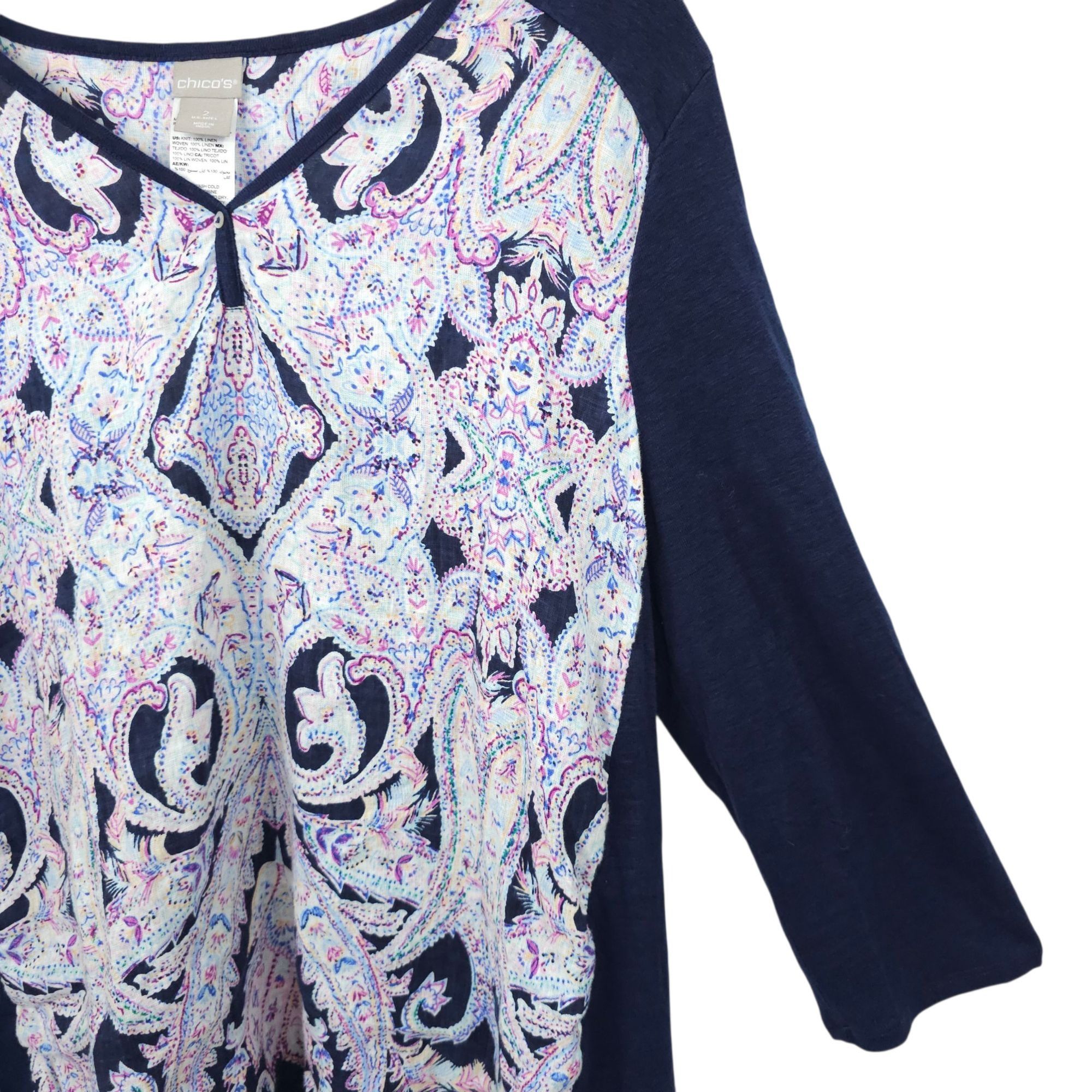 Chicos Chicos Pullover Top Womens 2 US L Paisley Linen 3/4 Sleeve Size L / US 10 / IT 46 - 11 Thumbnail