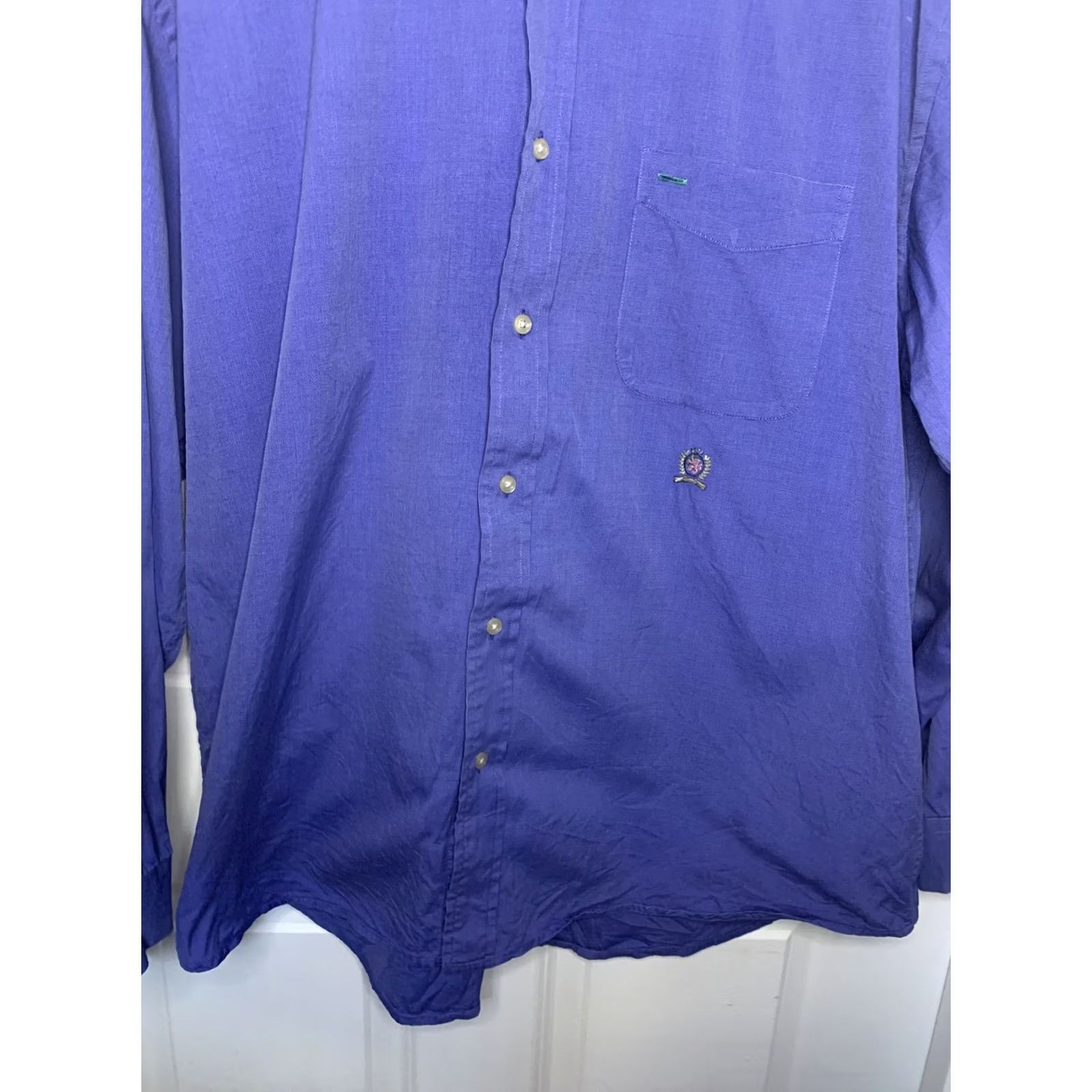Tommy Hilfiger Tommy Hilfiger Button-Up Shirt Men XL 80s Blue 2 Ply Cotton Solid Collar Long Sleeve Dress Shirt Mens Size 46R - 3 Thumbnail