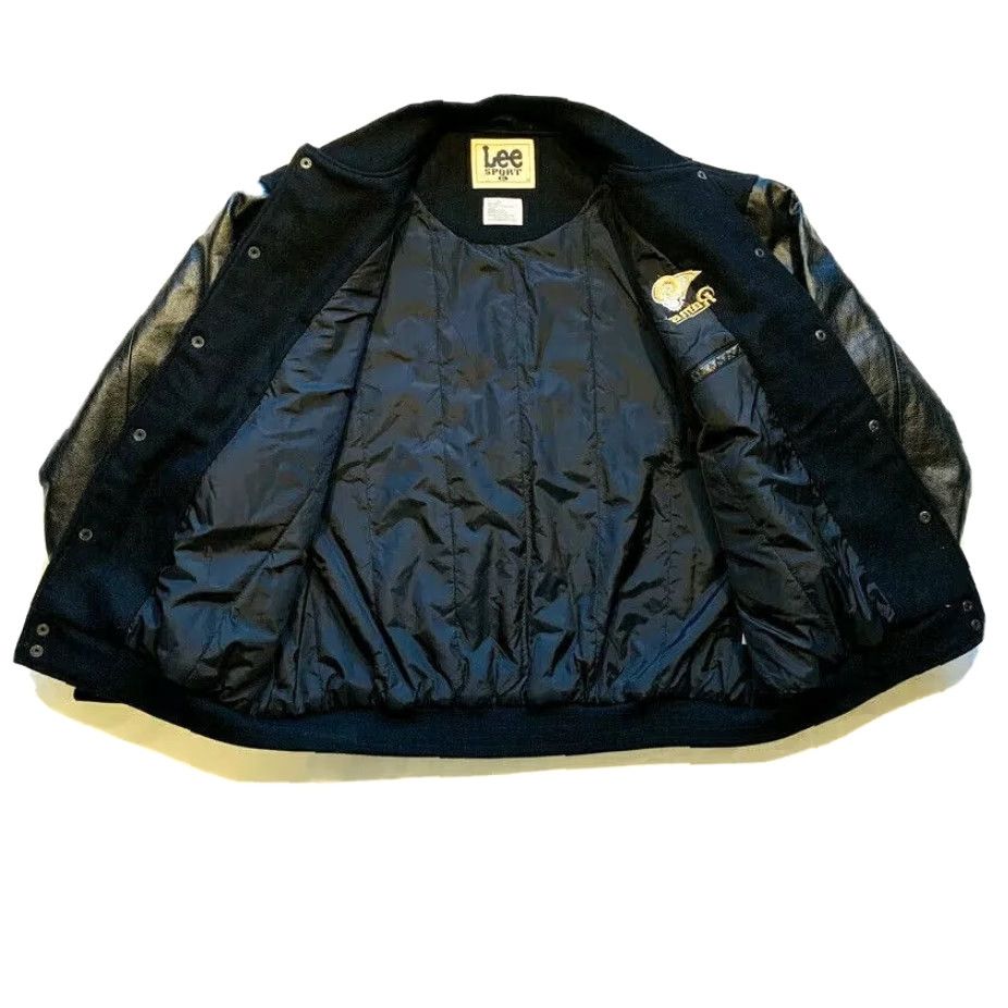 Lee VINTAGE Lee Sport Rams Wool Leather Bomber Varsity Jacket Snap XL Men's Black Wool 70%/30% Blend Rams Logo Leather Sleeves Varsity Jacket Size US XL / EU 56 / 4 - 4 Thumbnail