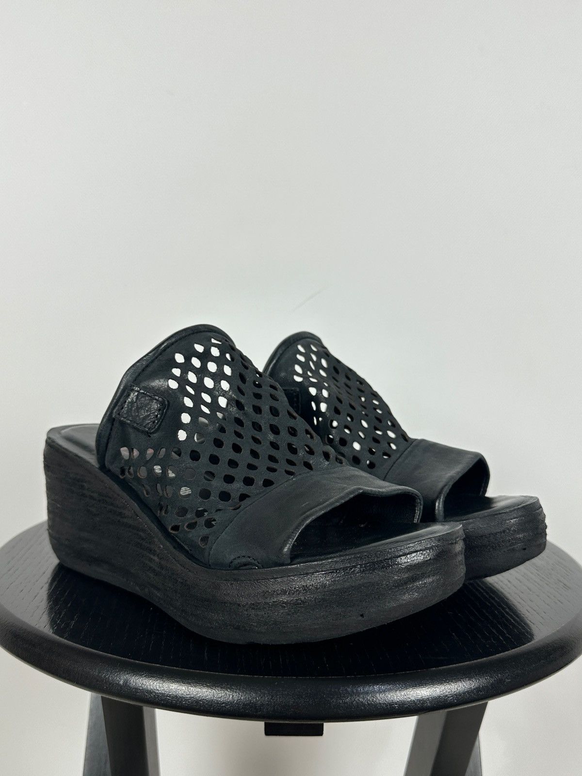 A.S.98 A.S.98 Black Perforated Leather Platform Slide Mules Sandals Size US 7 / IT 37 - 11 Thumbnail