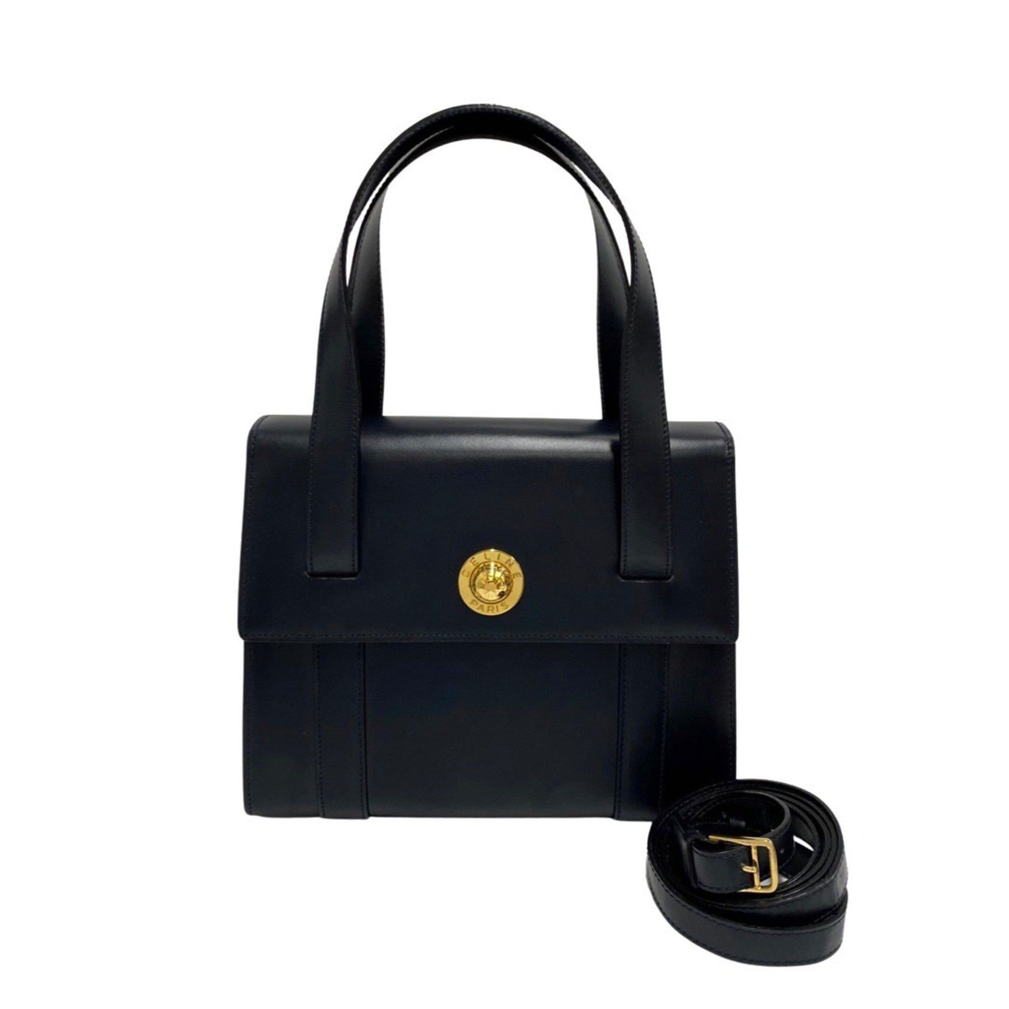 image of Celine Vintage Star Ball Metal Fittings Calf Leather Genuine 2Way Handbag Shoulder Bag Navy in Blue