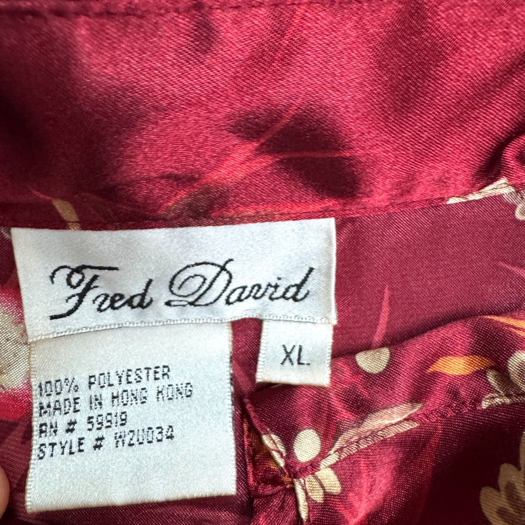FRED VINTAGE Fred David Blouse Shirt Women XL Burgundy Red Floral Satin Button Down Top 90s Christmas Retro Floral Long Sleeve Ladies Regular Size XL / US 12-14 / IT 48-50 - 5 Thumbnail