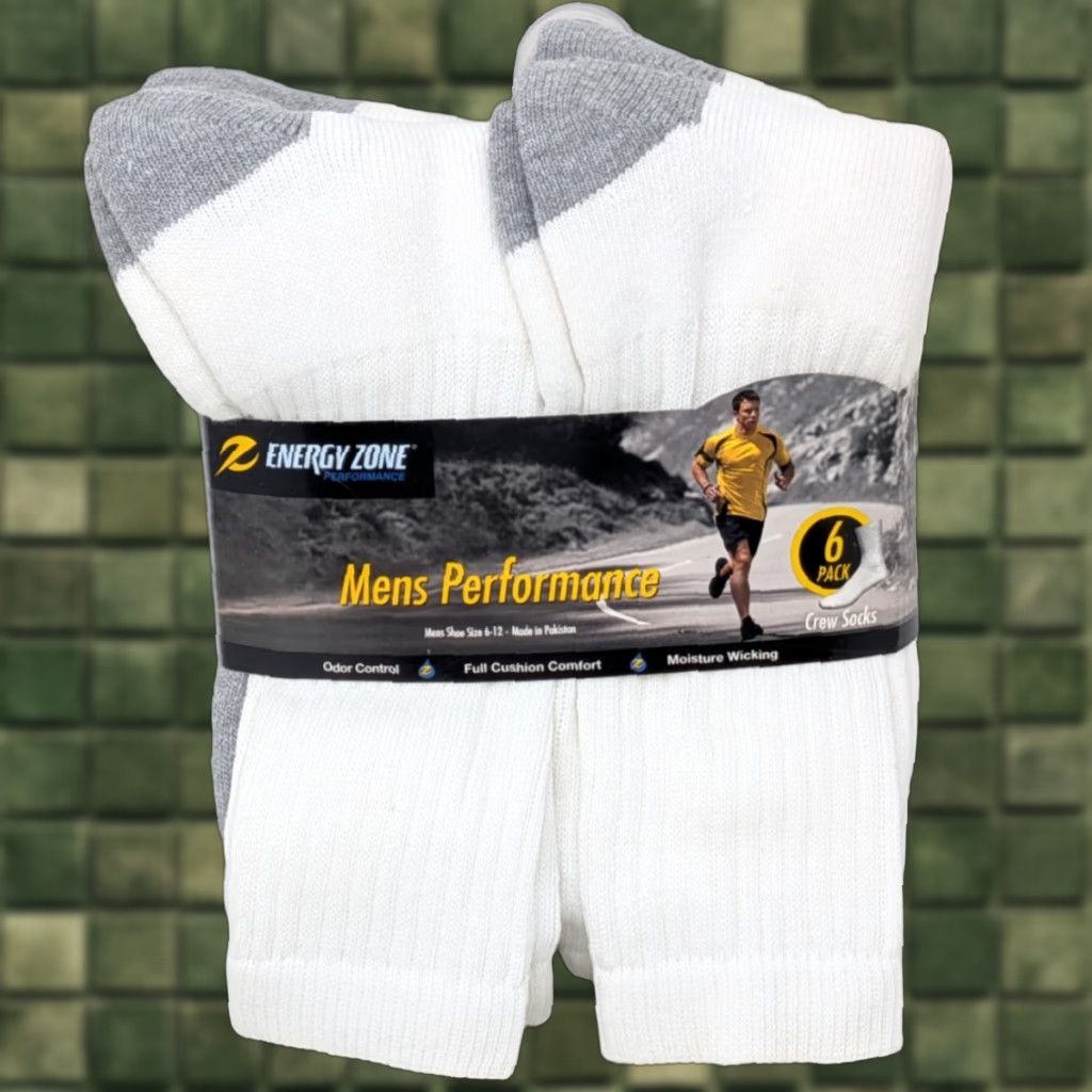 Vintage New Energy Zone Socks Mens Size 6-12 Odor Control Cotton 6 Pack Crew White Size ONE SIZE - 1 Thumbnail